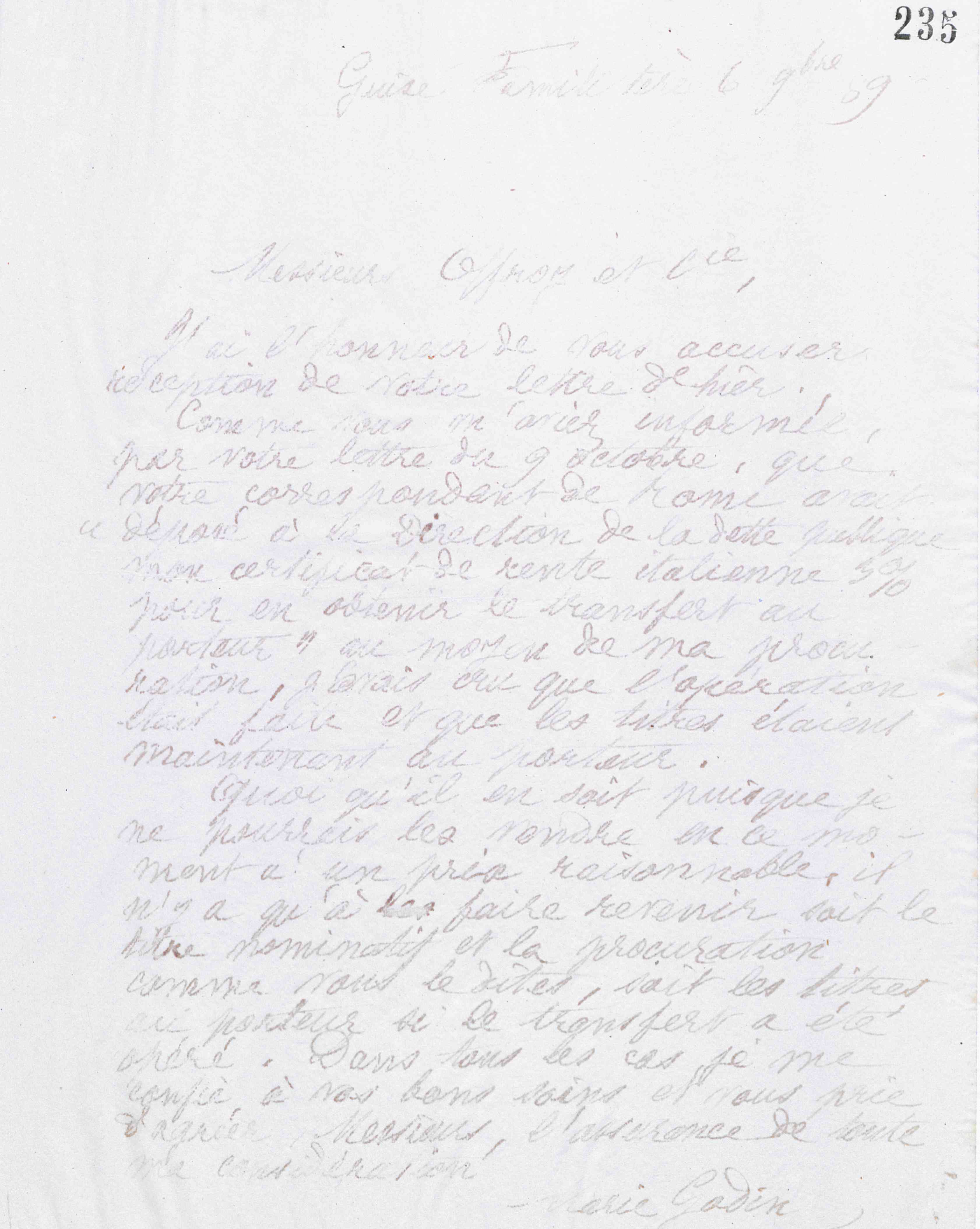 Marie Moret à Offroy et Cie, 6 novembre 1889