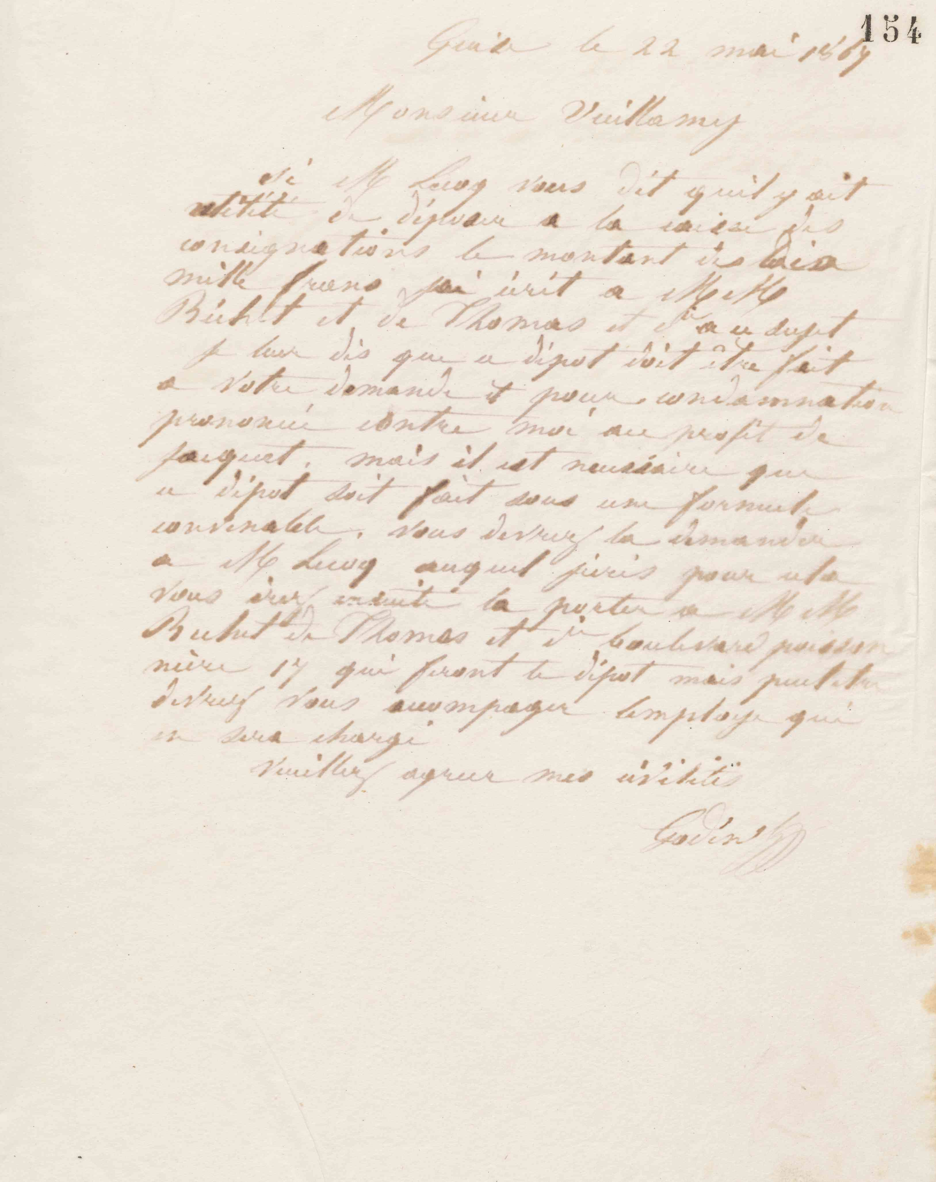 Jean-Baptiste André Godin à monsieur C. Vuillamy, 22 mai 1867