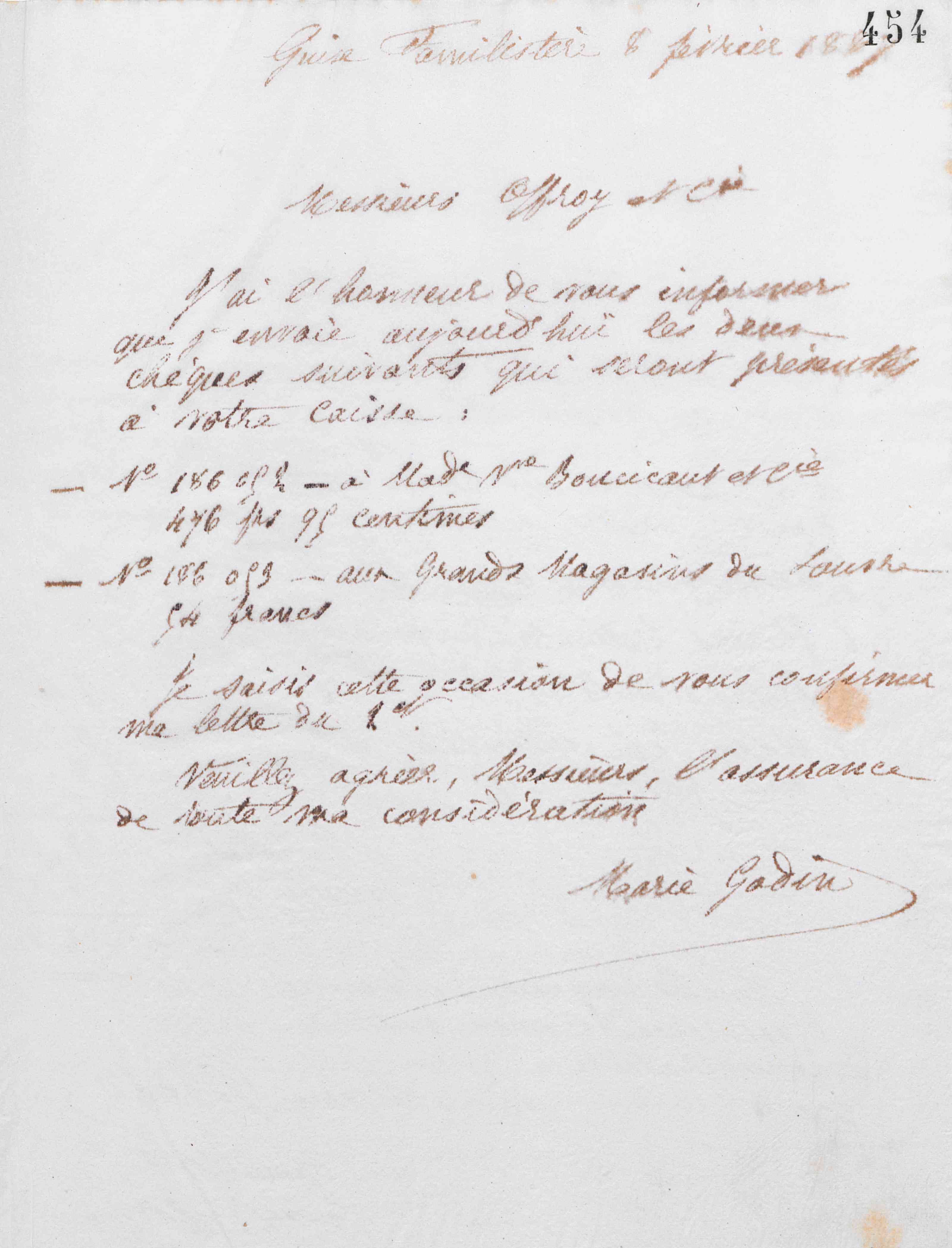 Marie Moret à Offroy et Cie, 8 février 1887