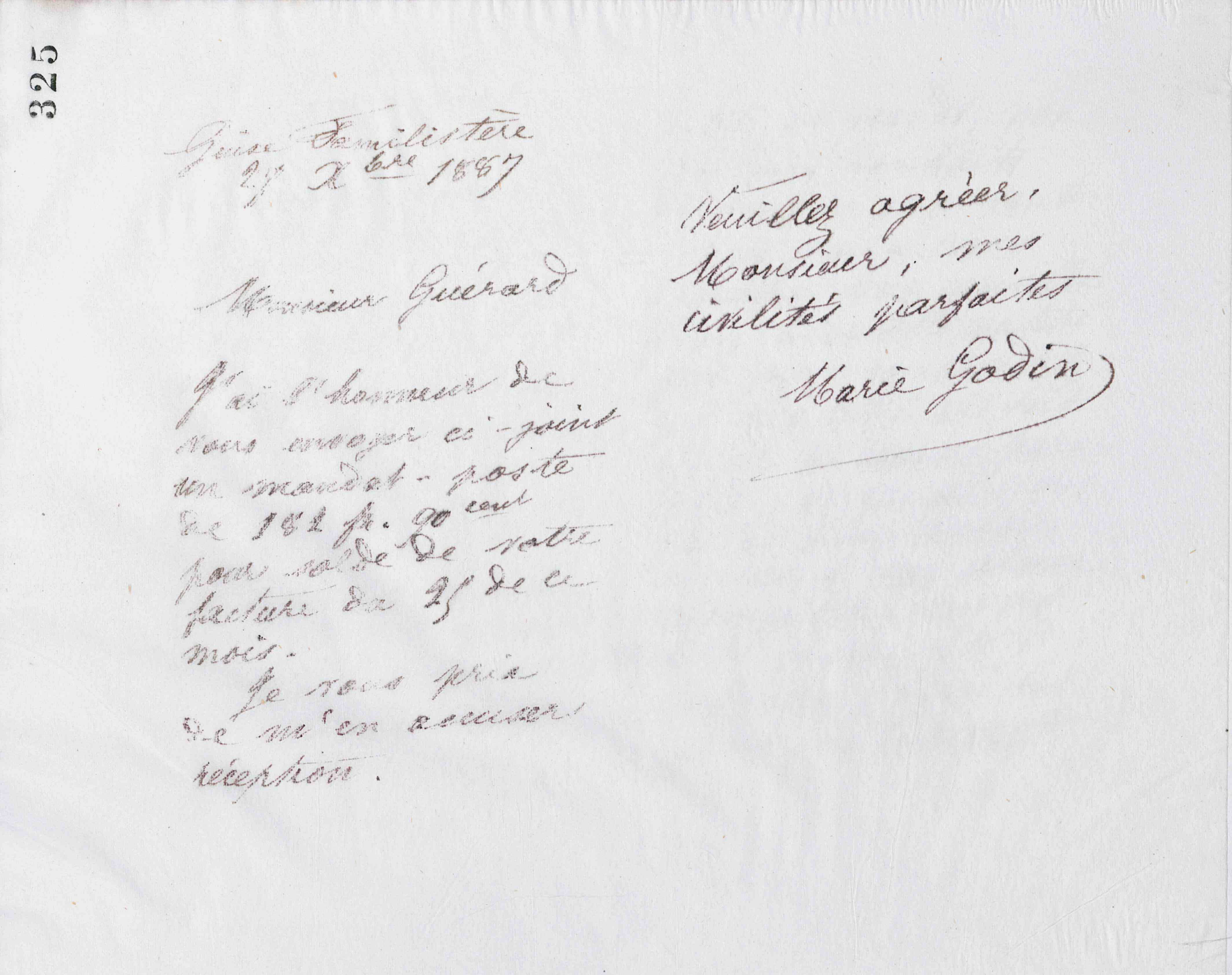 Marie Moret à monsieur P. Guérard, 27 décembre 1887