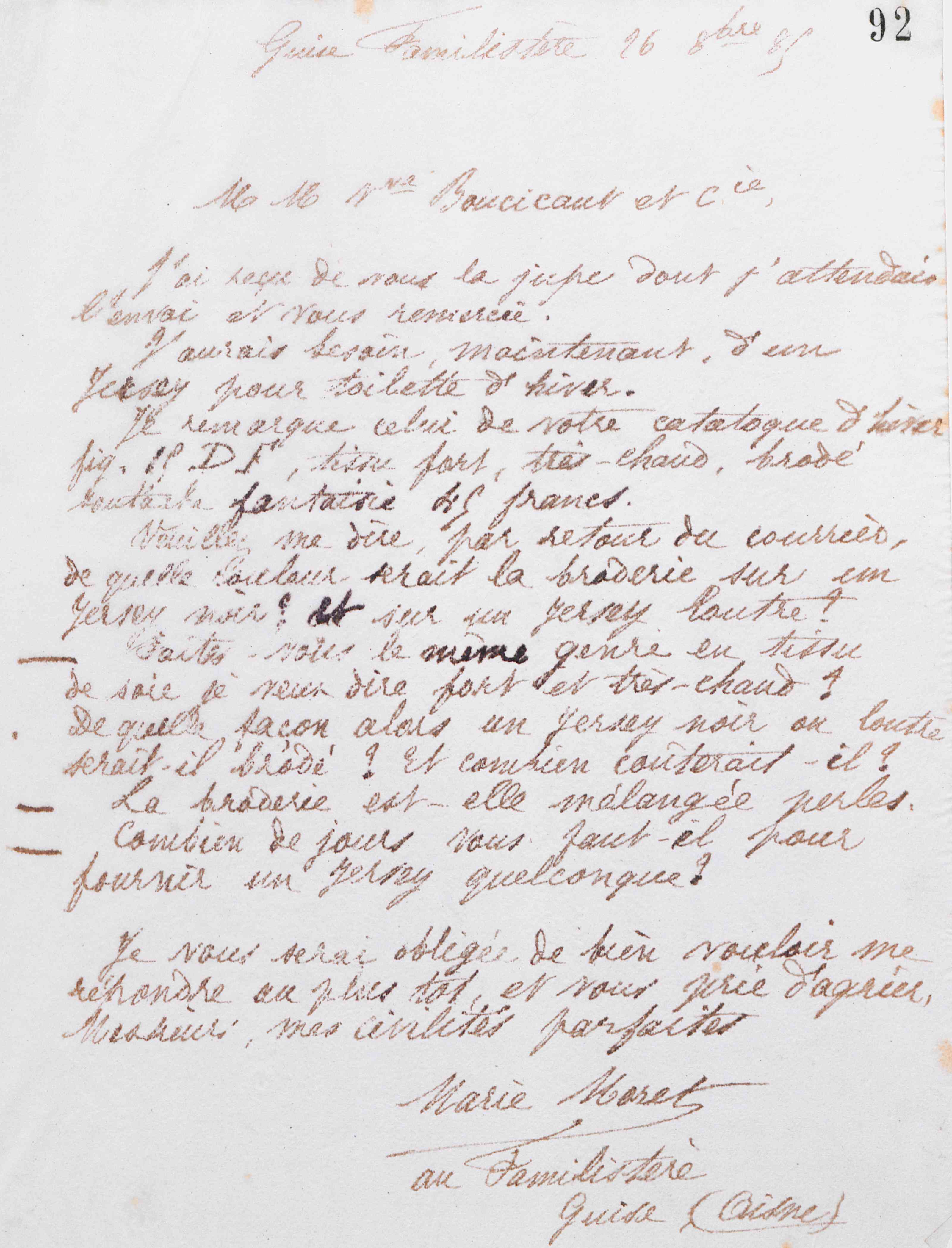 Marie Moret au Bon marché, 26 octobre 1885