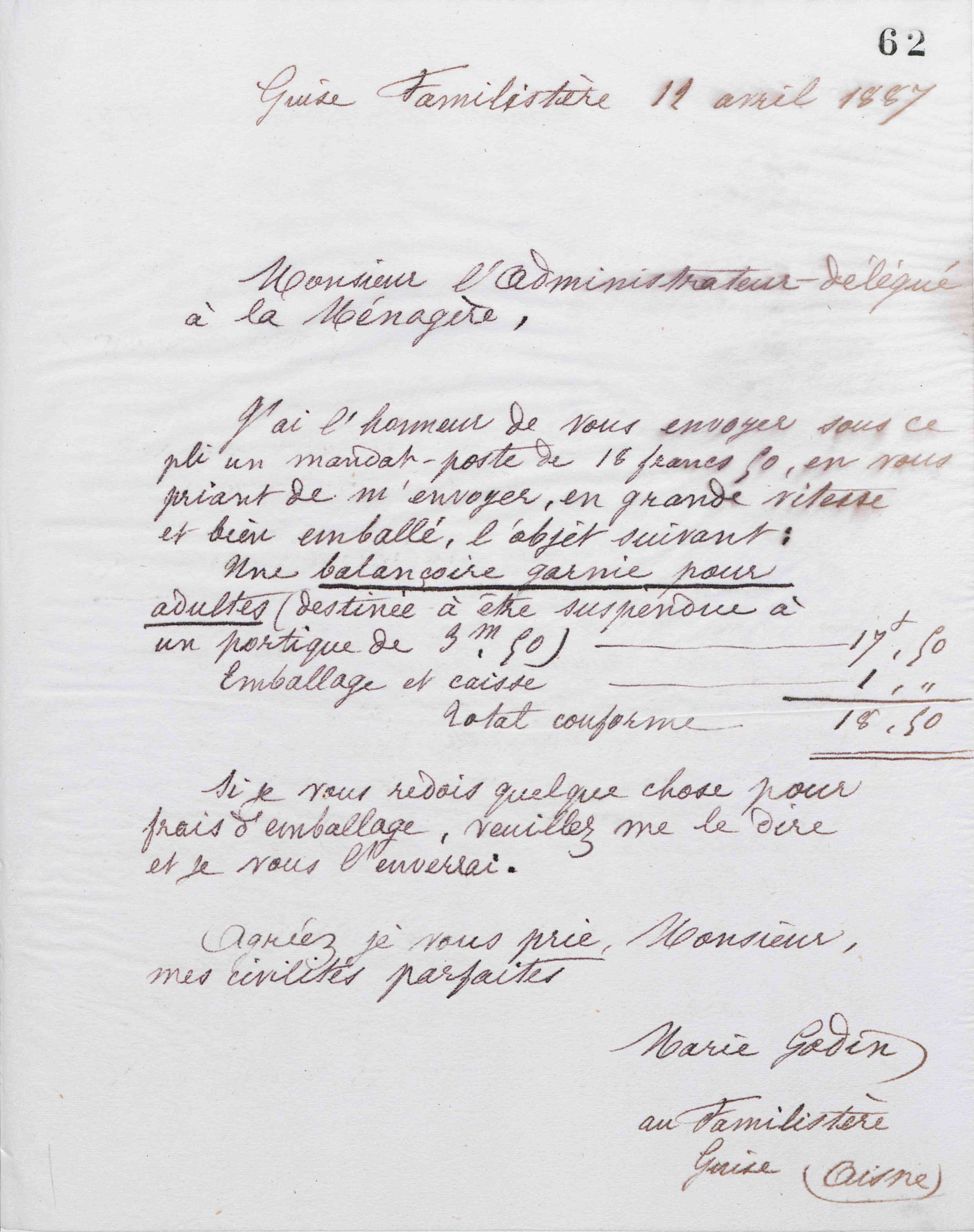 Marie Moret à l'administrateur délégué de La Ménagère, 12 avril 1887