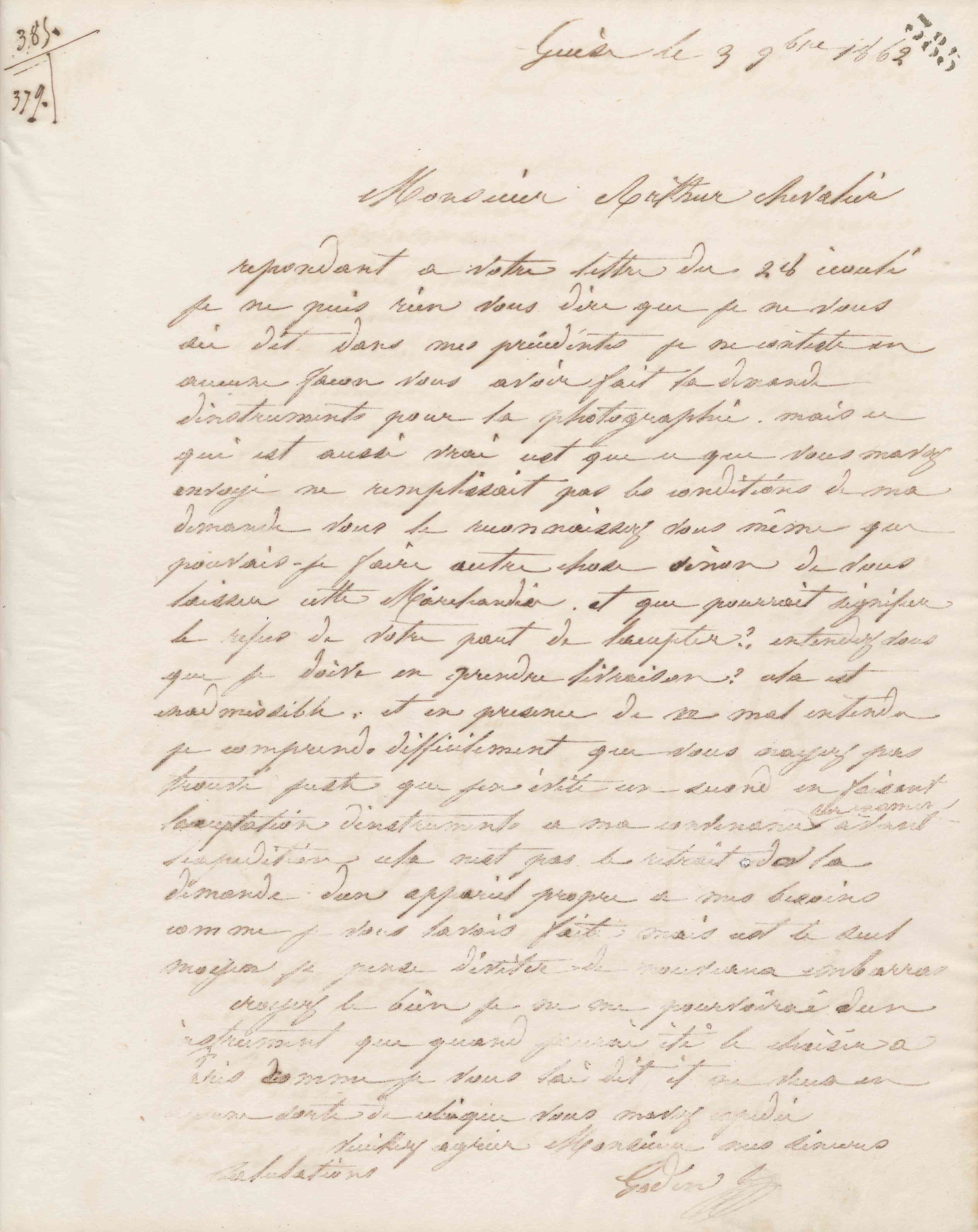 Jean-Baptiste André Godin à Arthur Chevalier, 3 novembre 1862 Jean-Baptiste André Godin à Arthur Chevalier, 3 novembre 1862