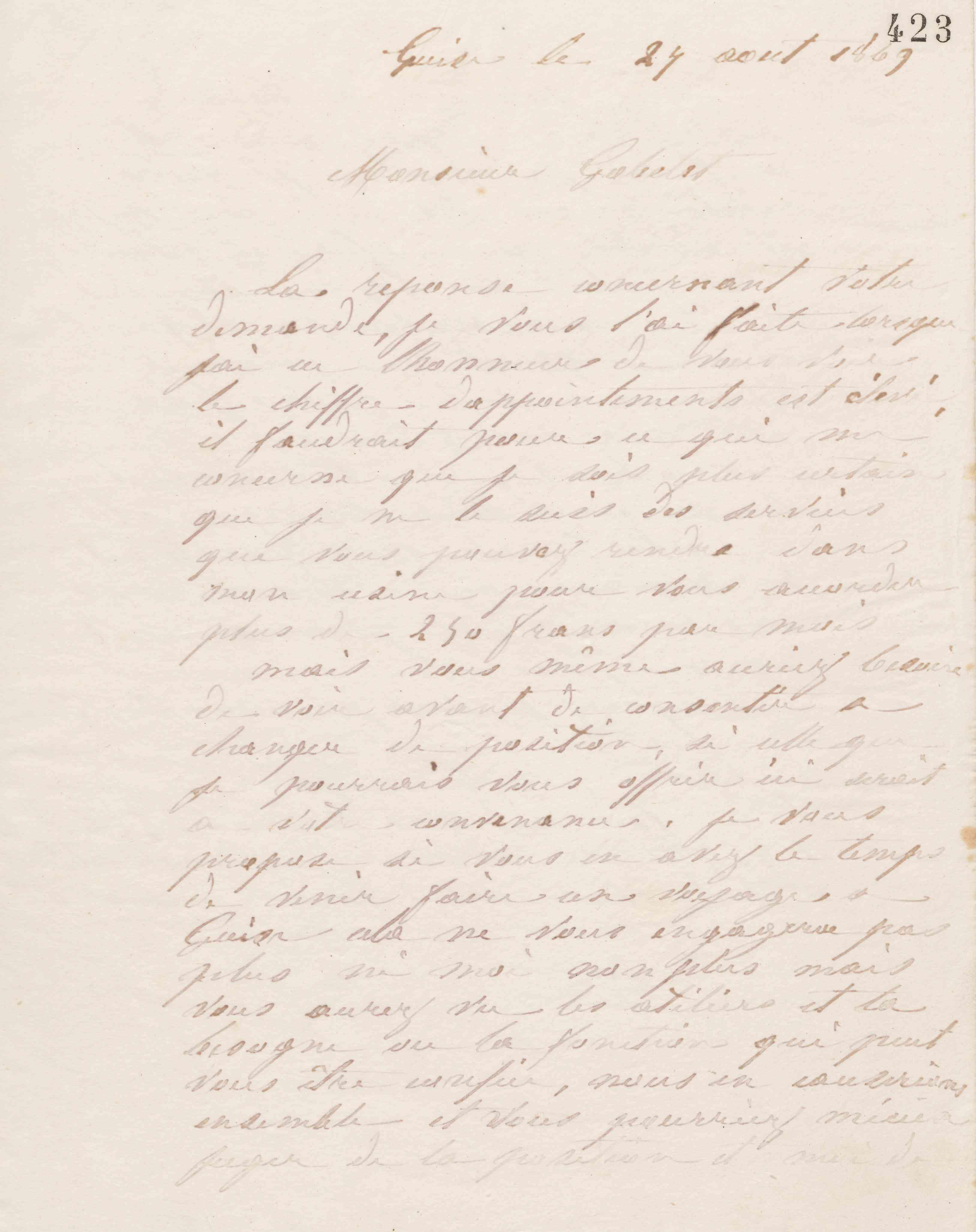 Jean-Baptiste André Godin à monsieur Gobelet, 27 août 1869