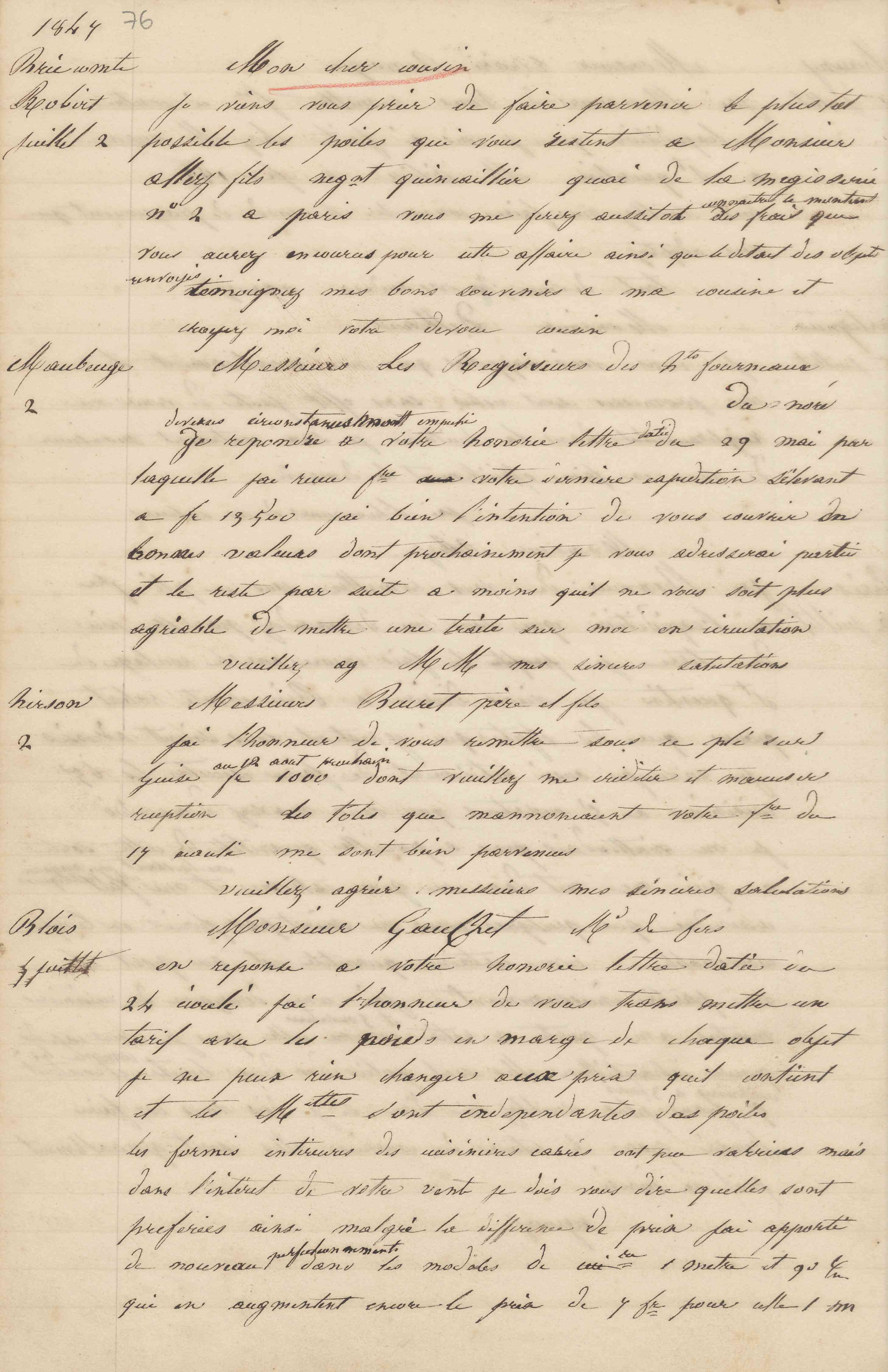 Jean-Baptiste André Godin à Beuret père et fils, 2 juillet 1847