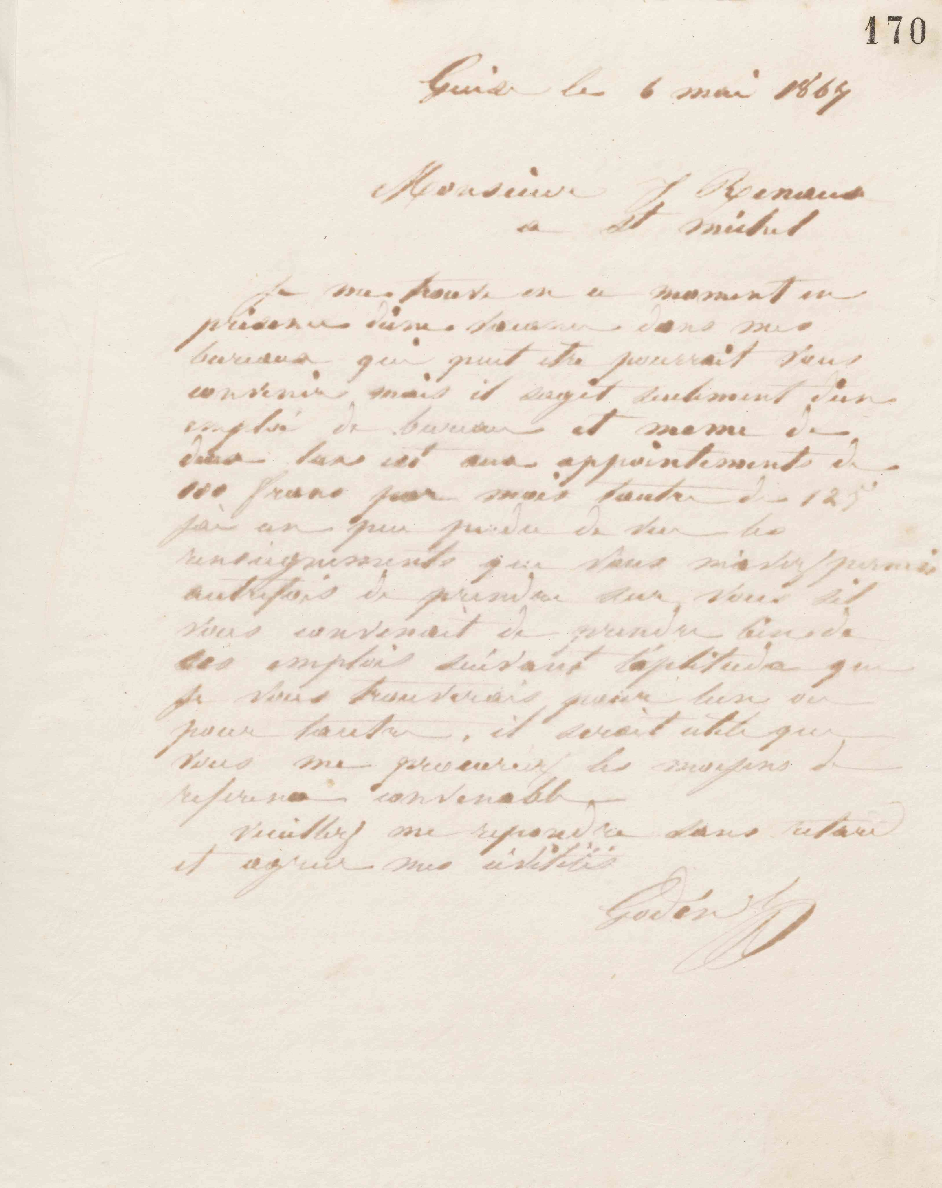Jean-Baptiste André Godin à monsieur J. Renaux, 6 mai 1867