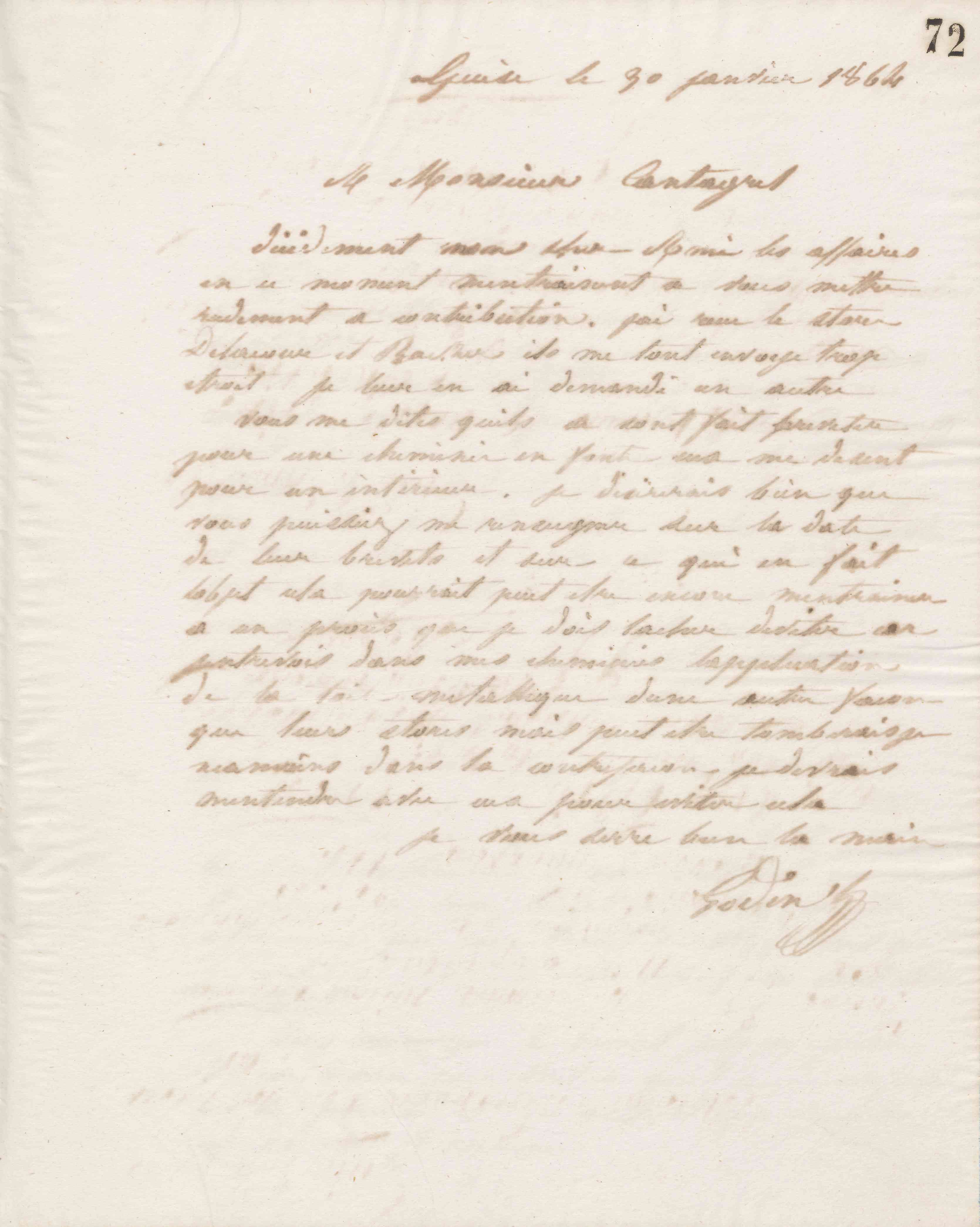 Jean-Baptiste André Godin à François Cantagrel, 30 janvier 1864 Jean-Baptiste André Godin à François Cantagrel, 30 janvier 1864