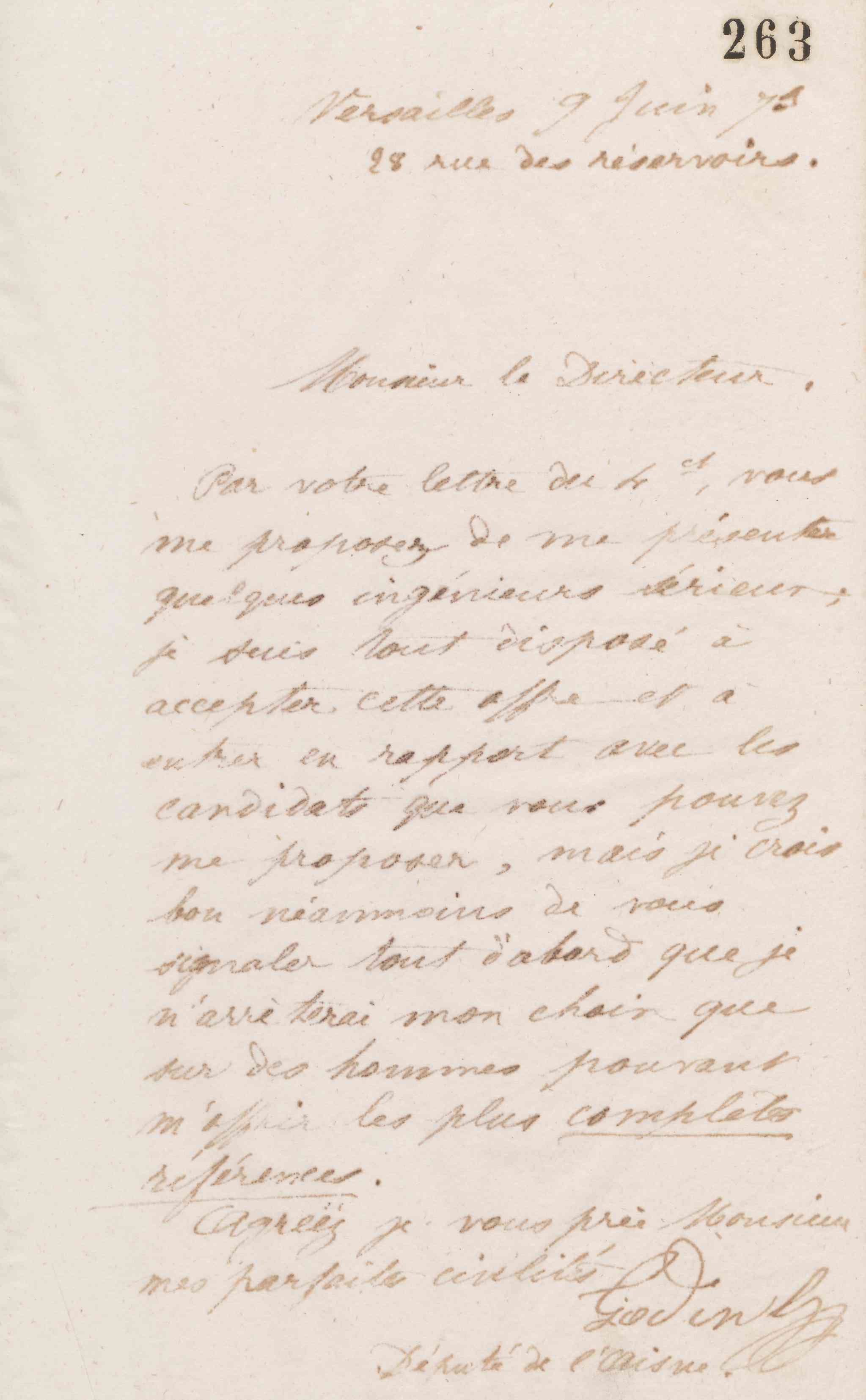 Jean-Baptiste André Godin à monsieur le directeur, 9 juin 1873