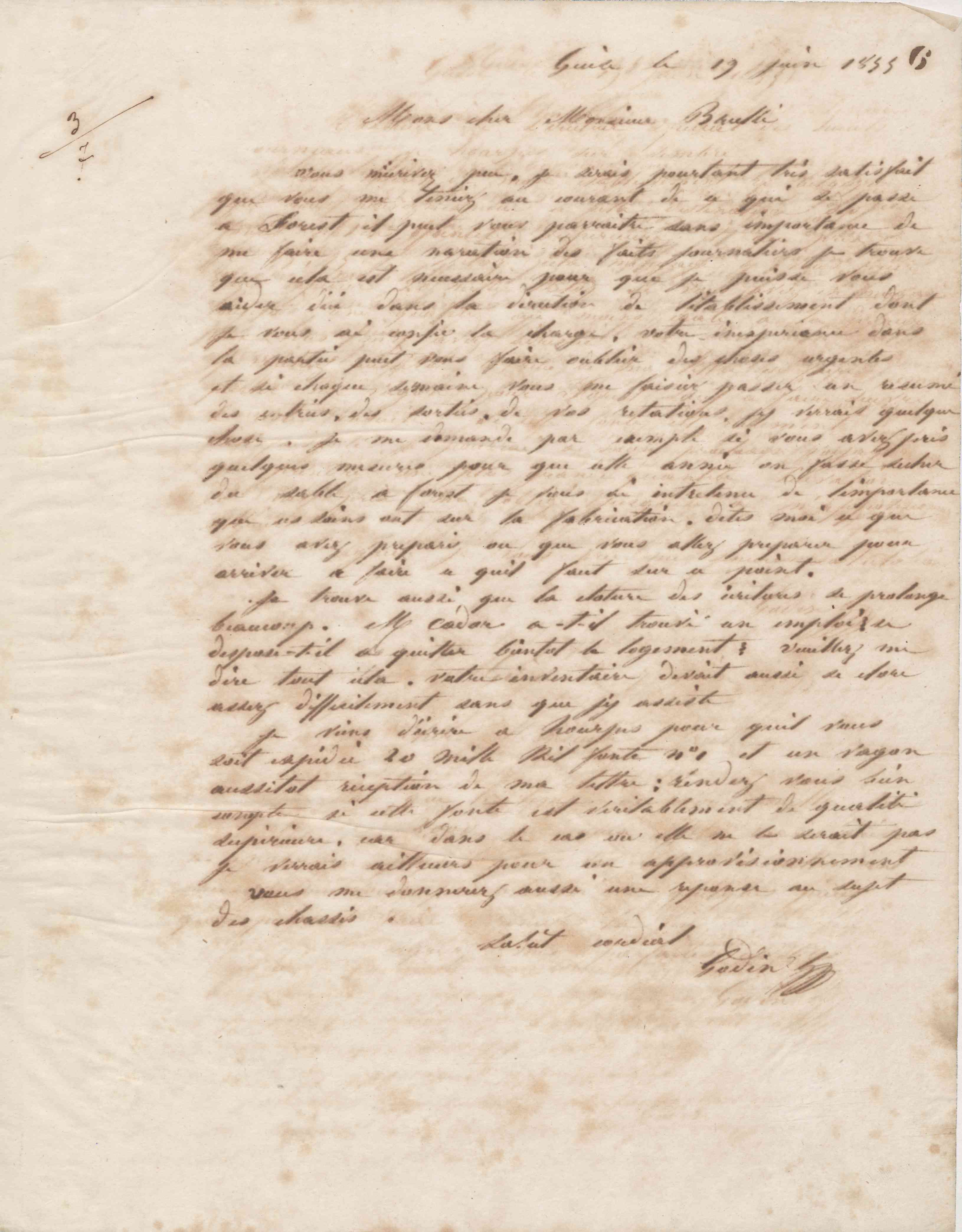 Jean-Baptiste André Godin à Alexandre Brullé, 19 juin 1855