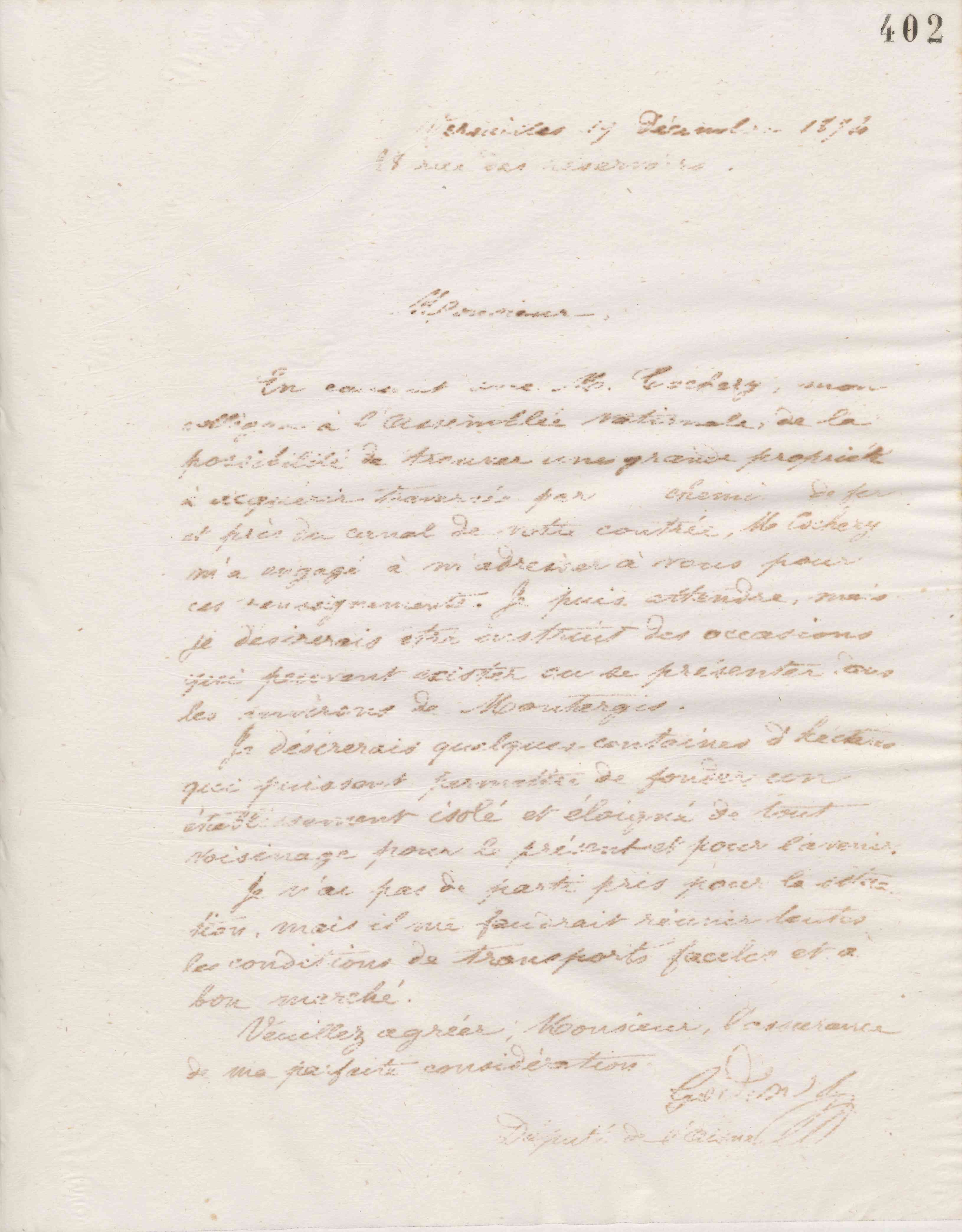 Jean-Baptiste André Godin à monsieur Raige-Verger, 19 décembre 1874