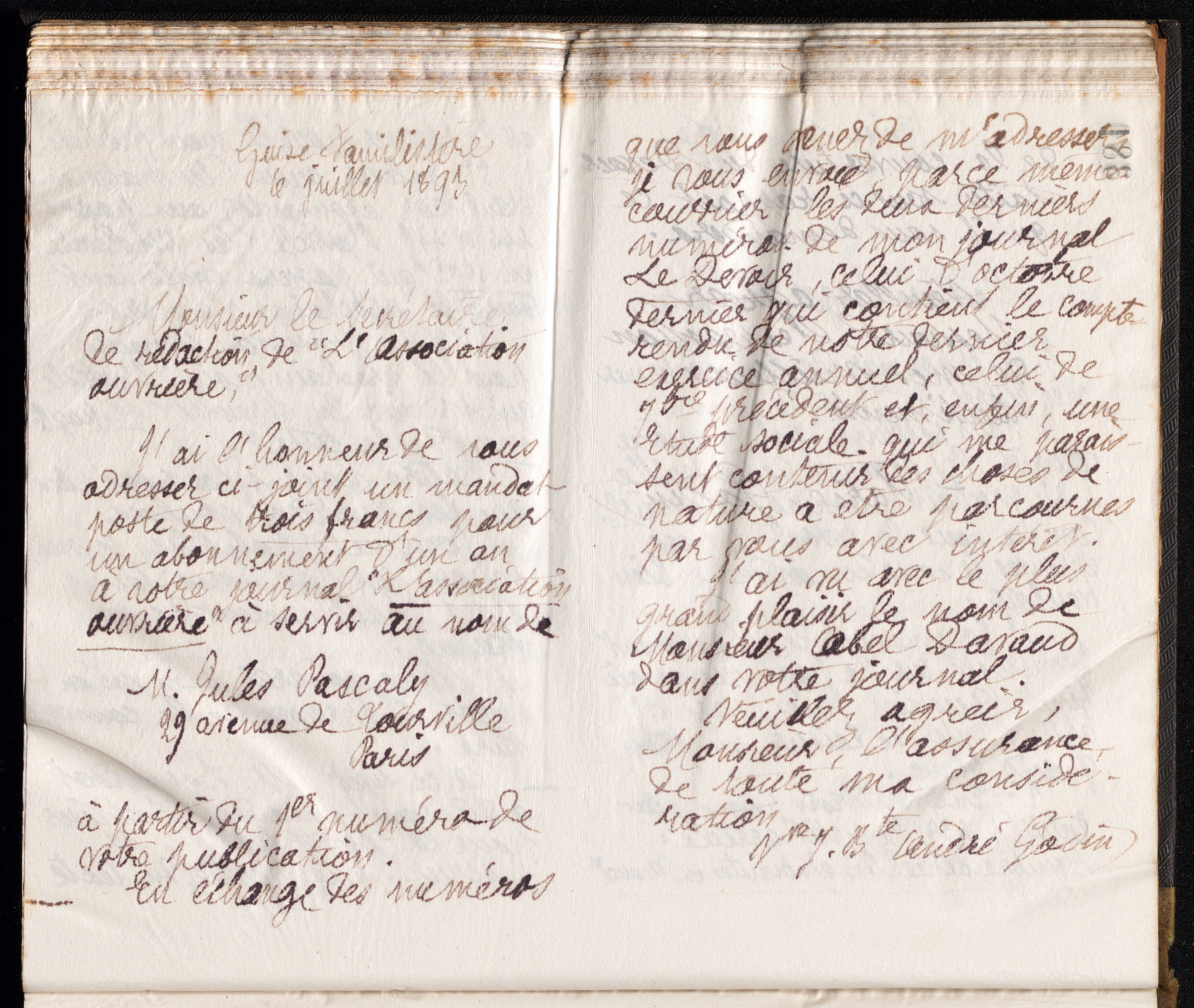 Monsieur le secrétaire de rédaction de L'Association ouvrière, 6 juillet 1893