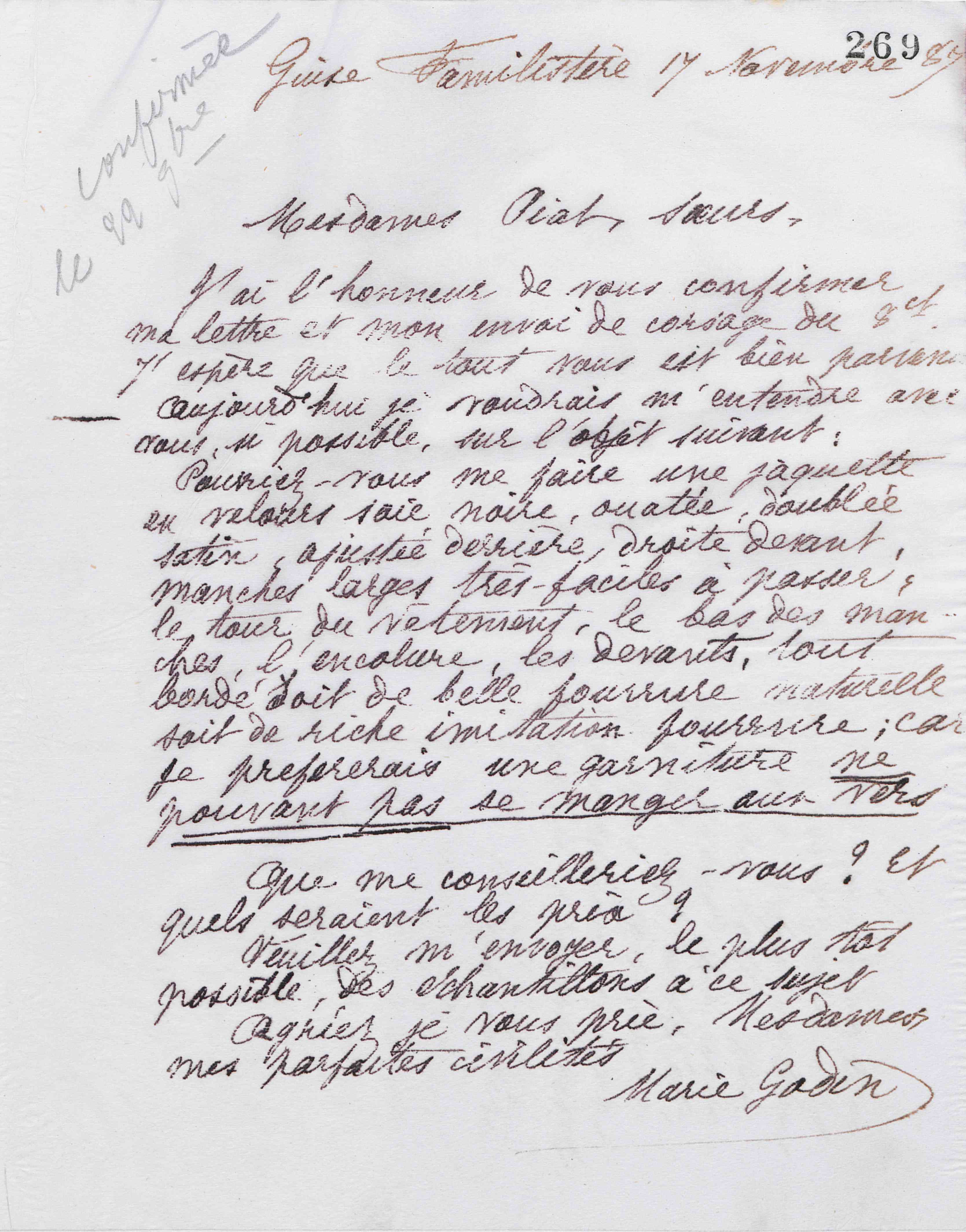 Marie Moret à Piat sœurs, 17 novembre 1887