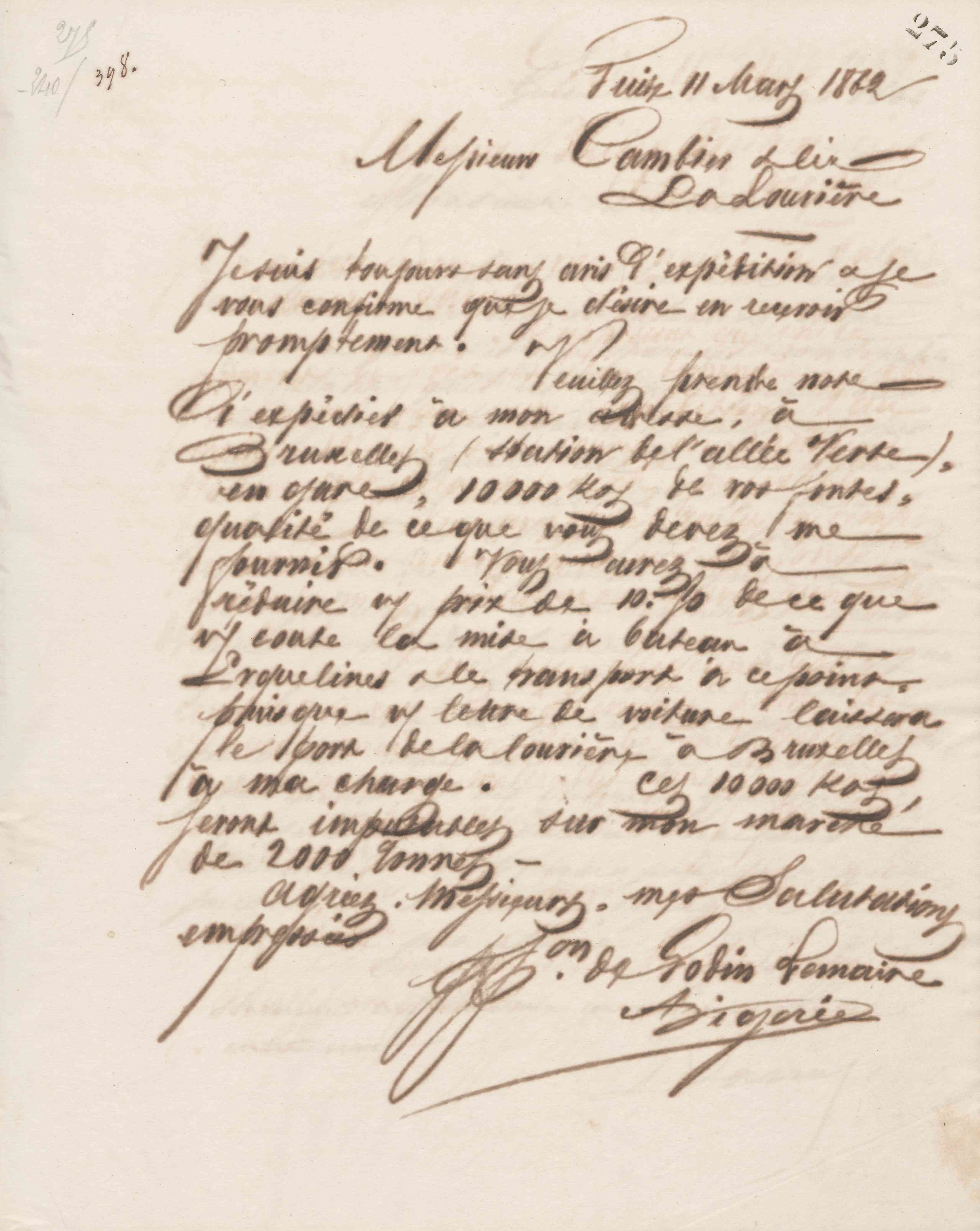 Jean-Baptiste André Godin à Cambier et cie, 11 mars 1862