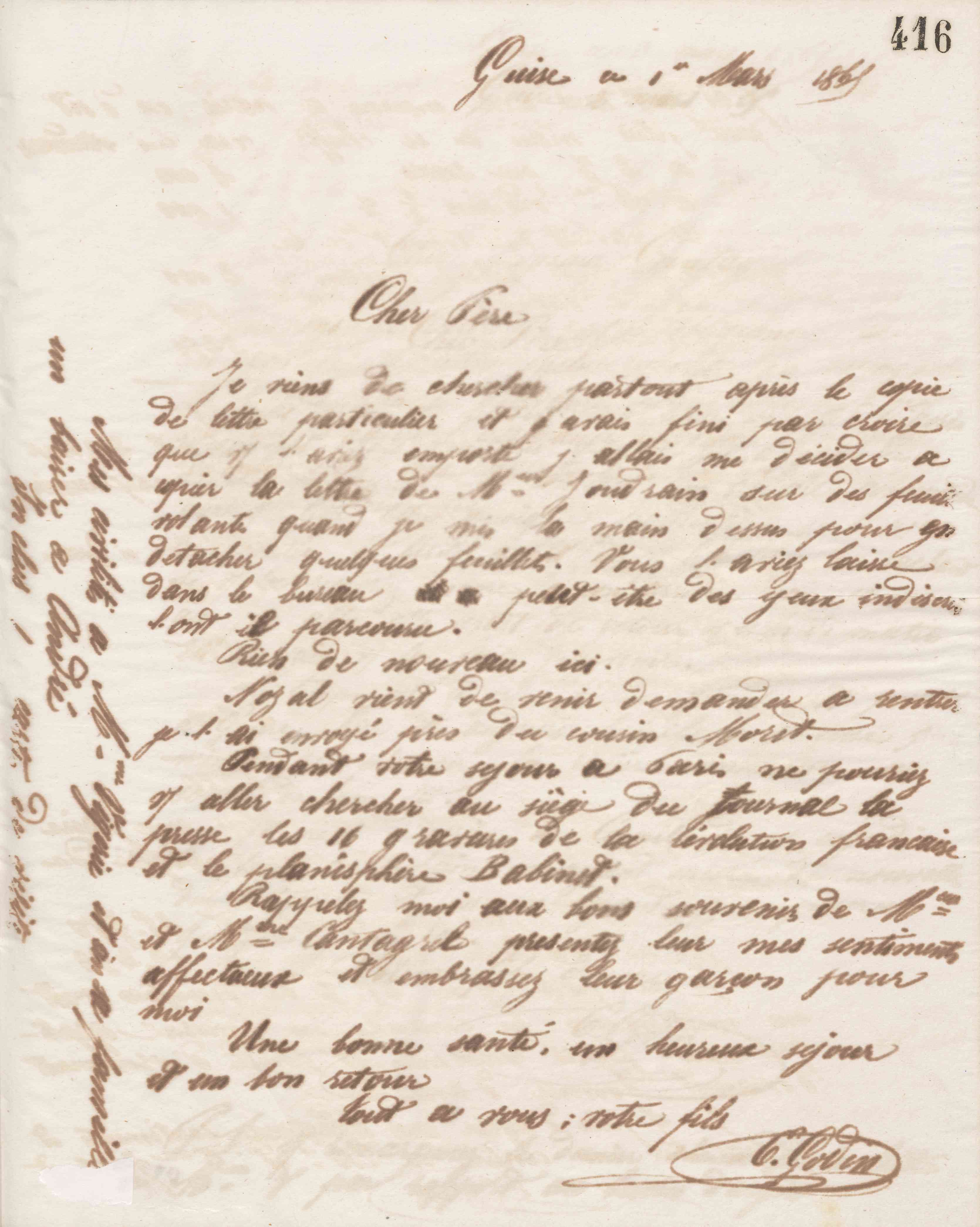 Émile Godin à Jean-Baptiste André Godin, 1er mars 1865 Émile Godin à Jean-Baptiste André Godin, 1er mars 1865
