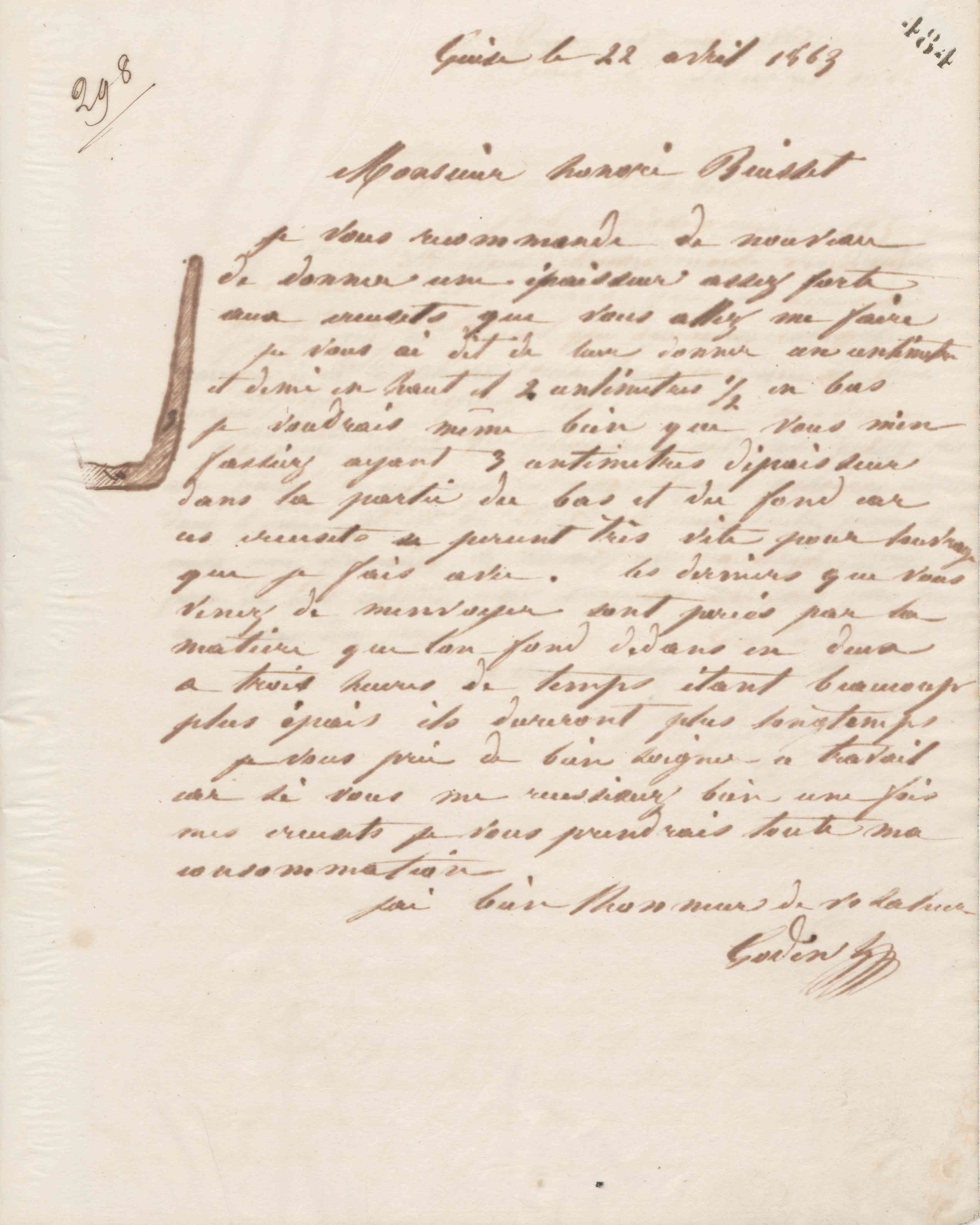 Jean-Baptiste André Godin à Honoré Buisset, 22 avril 1863