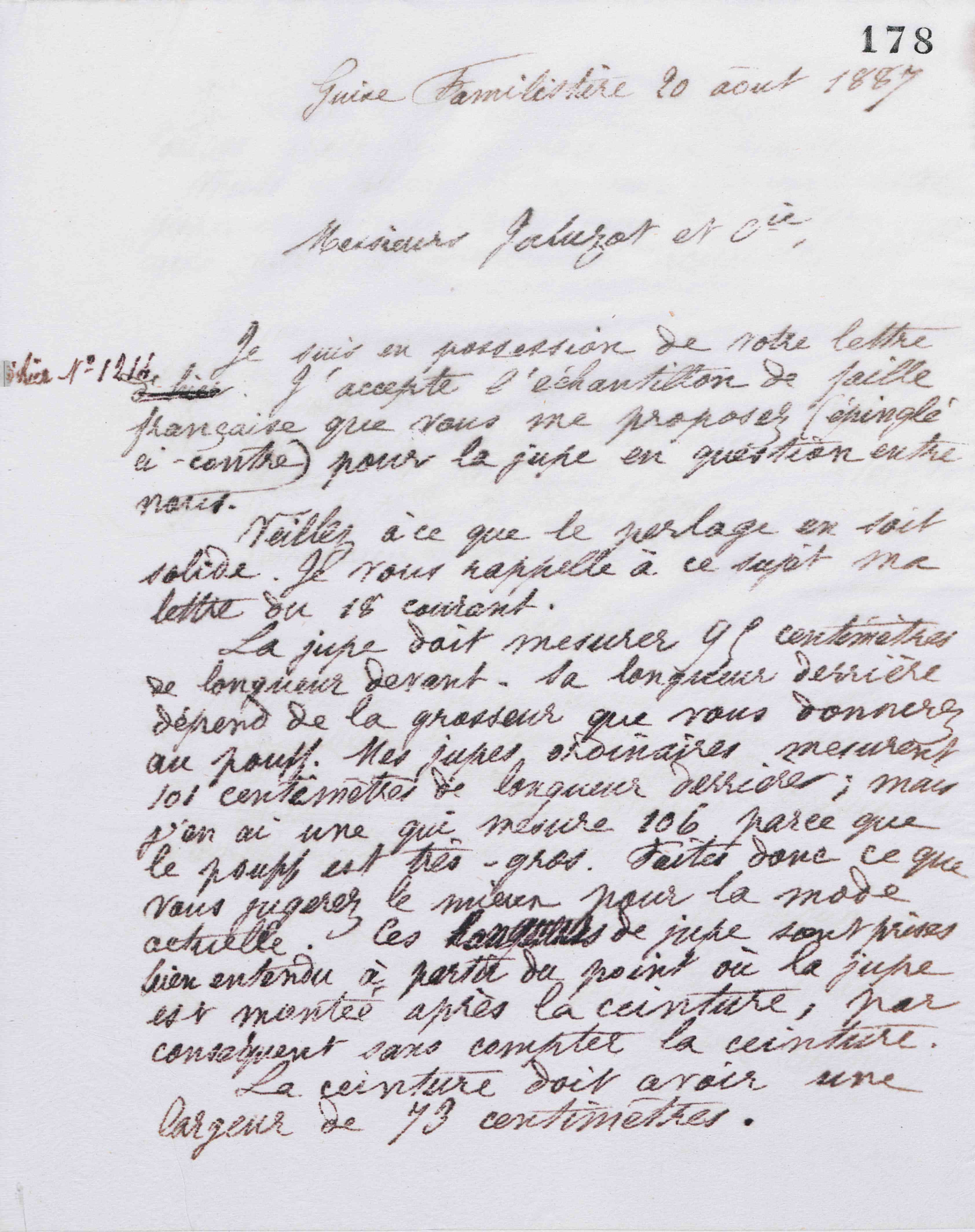 Marie Moret à Jaluzot et Cie, 20 août 1887 Marie Moret à Jaluzot et Cie, 20 août 1887