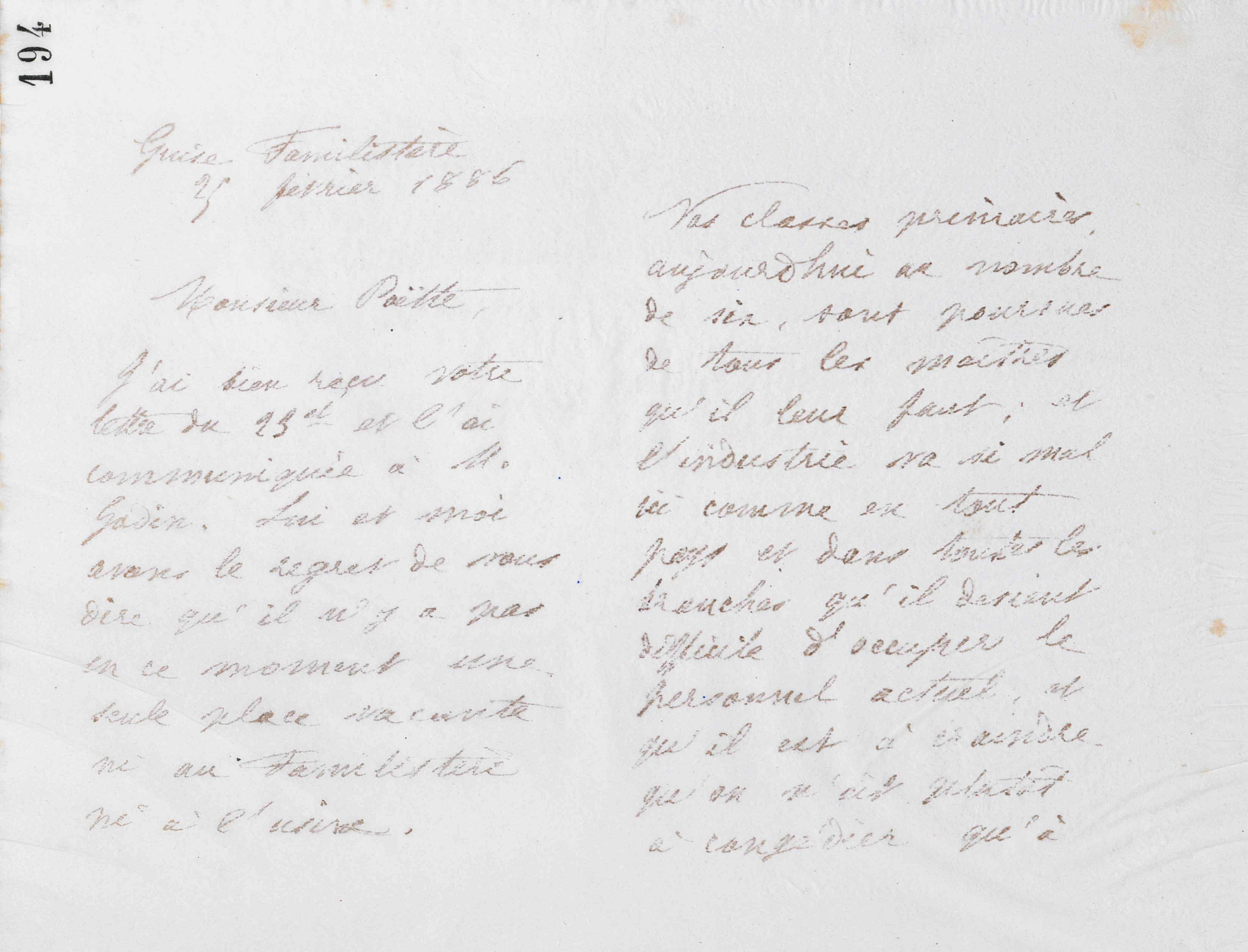 Marie Moret à monsieur Poëtte Gamard, 25 février 1886 Marie Moret à monsieur Poëtte Gamard, 25 février 1886