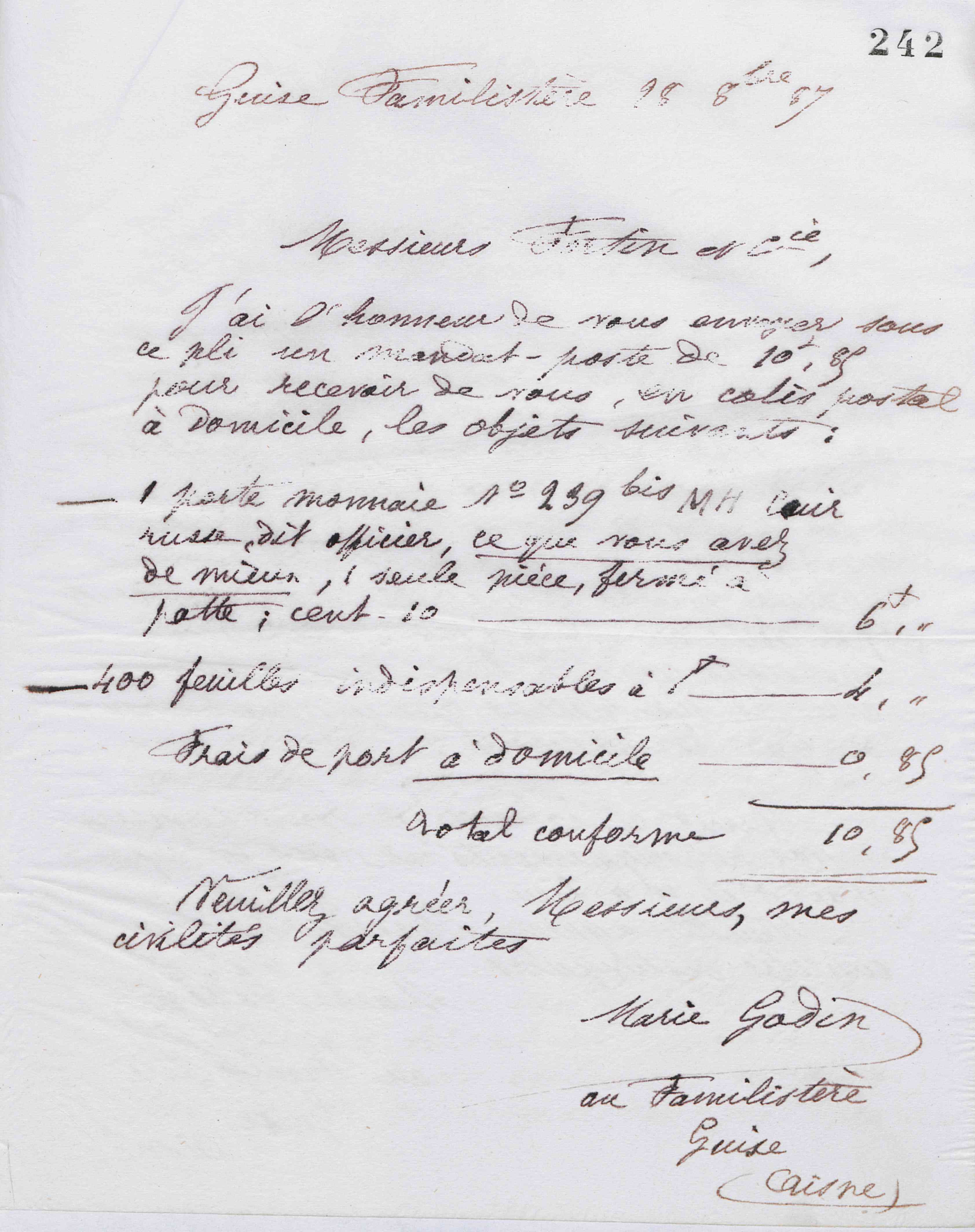 Marie Moret à Fortin et Cie, 28 octobre 1887