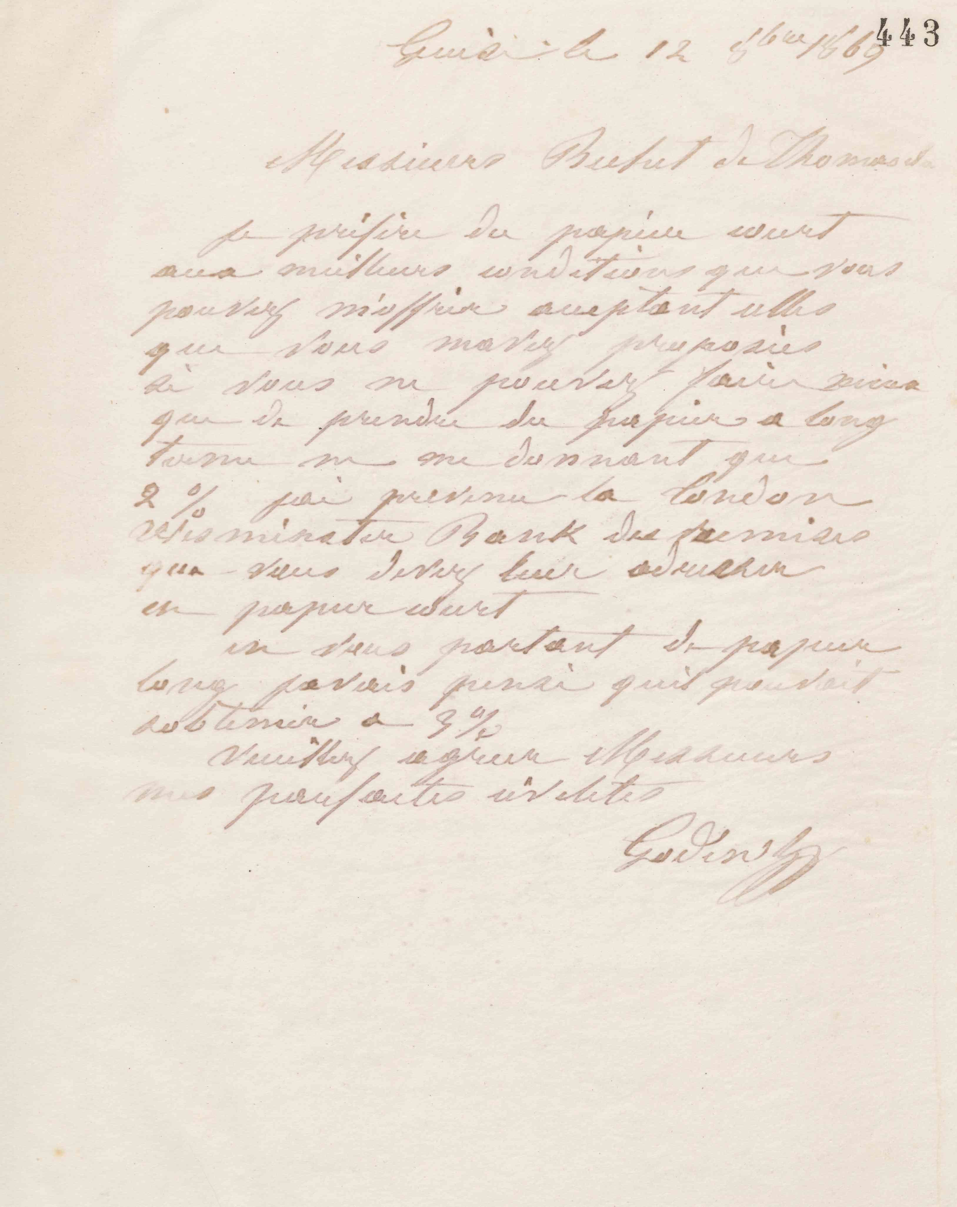 Jean-Baptiste André Godin à Béchet, Dethomas et Cie, 12 octobre 1869