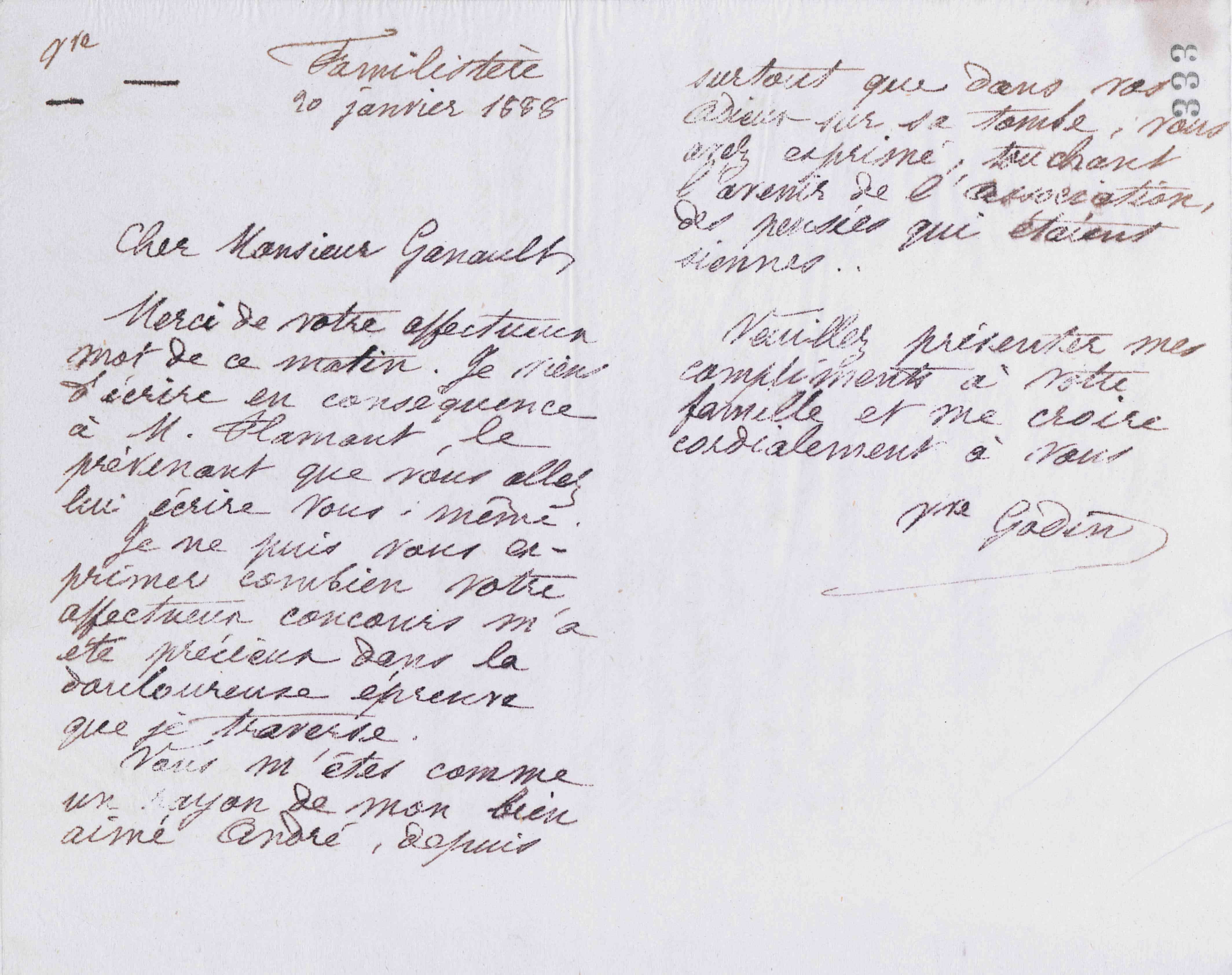 Marie Moret à Gaston Ganault, 20 janvier 1888