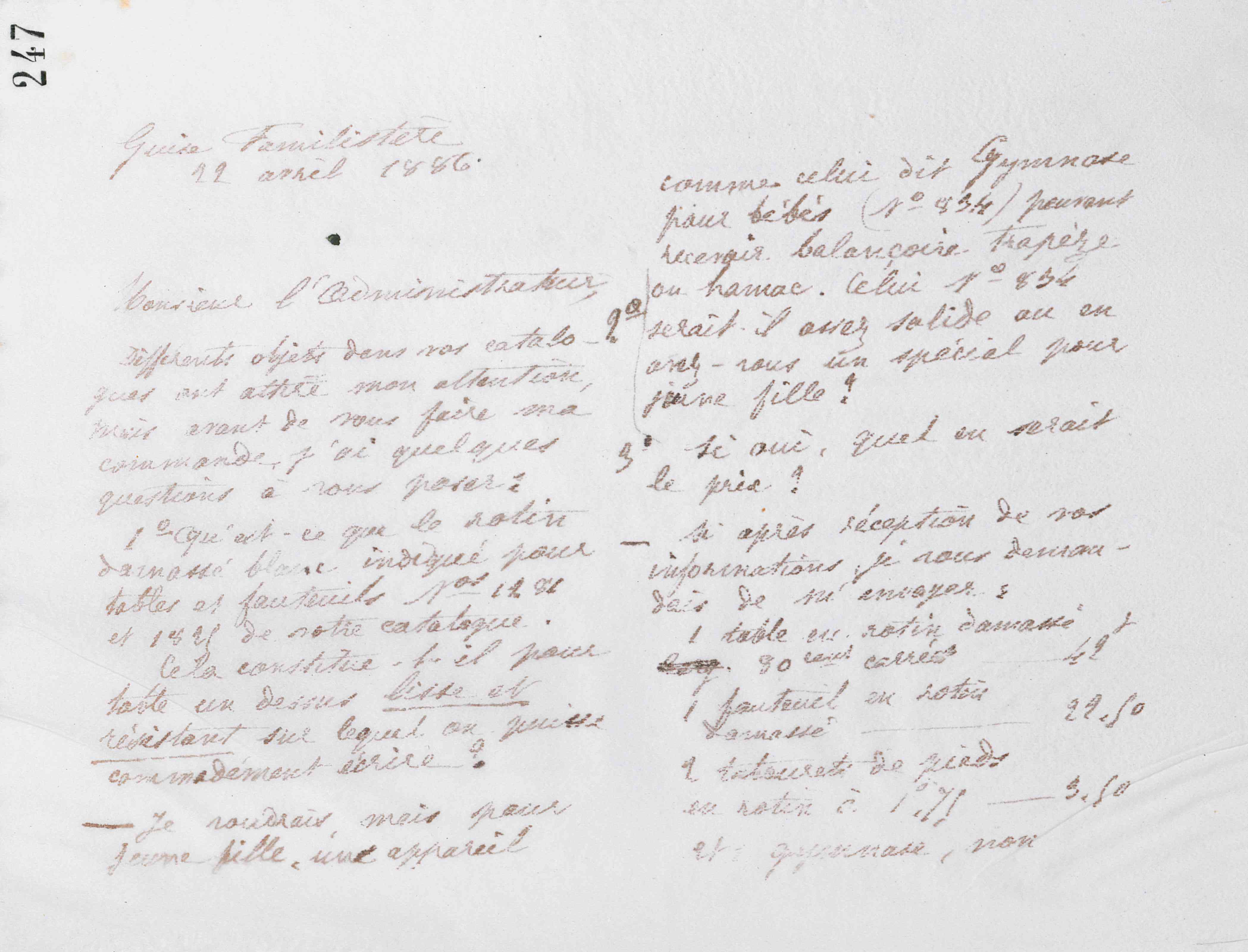 Marie Moret à La Ménagère, 22 avril 1886