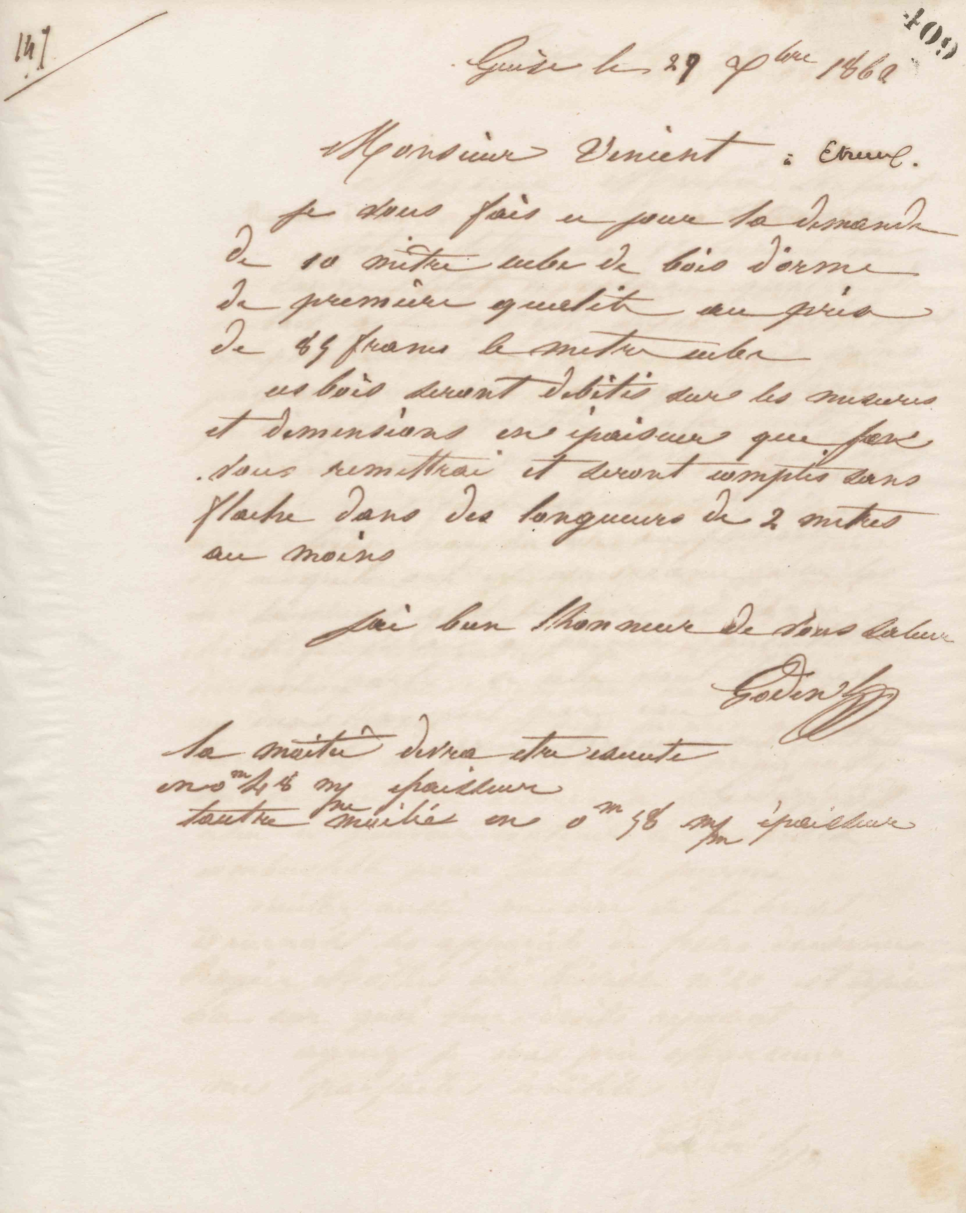 Jean-Baptiste André Godin à monsieur Vincent-Lévêque, 29 décembre 1862 Jean-Baptiste André Godin à monsieur Vincent-Lévêque, 29 décembre 1862