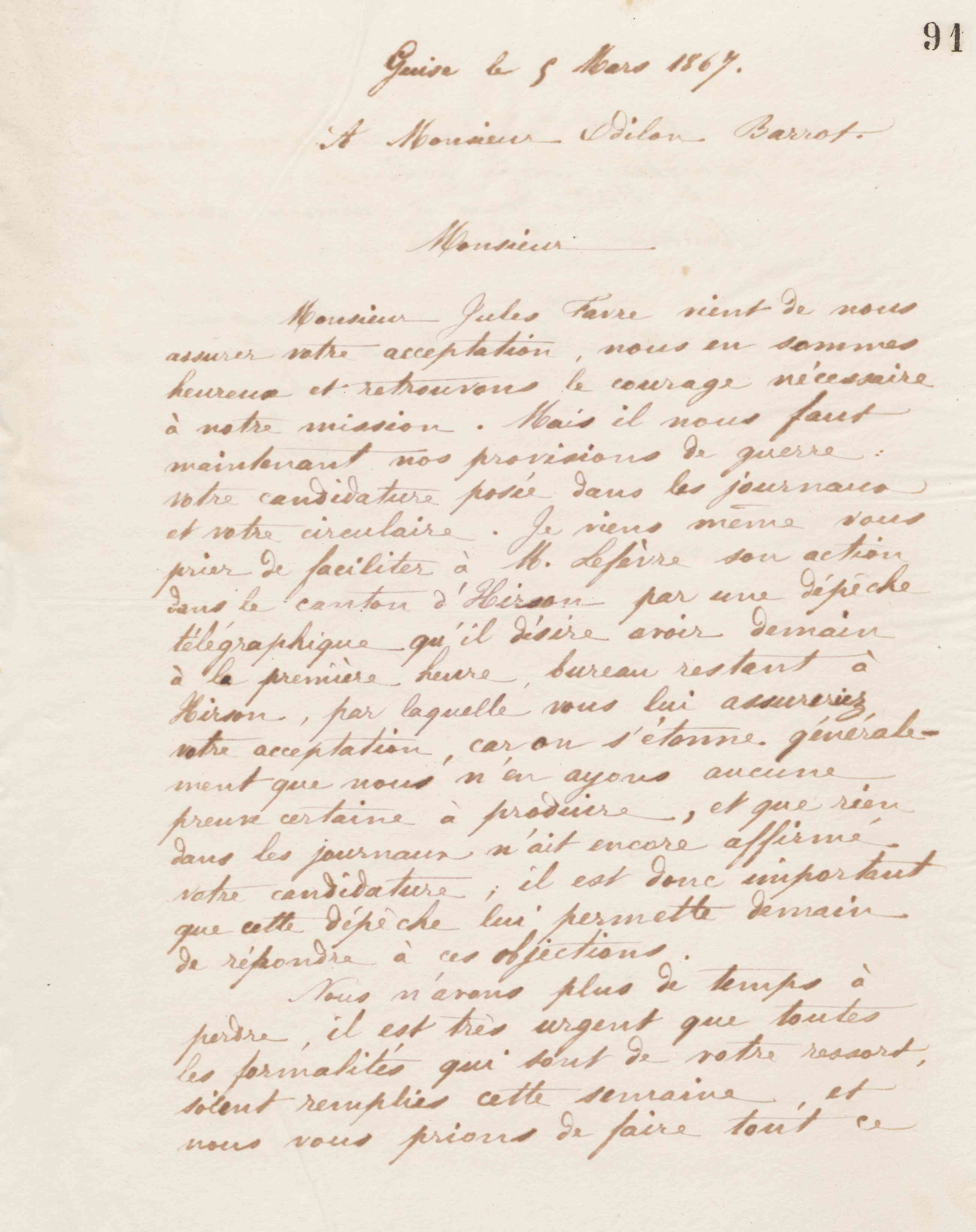 Jean-Baptiste André Godin à Odilon Barrot, 5 mars 1867 Jean-Baptiste André Godin à Odilon Barrot, 5 mars 1867