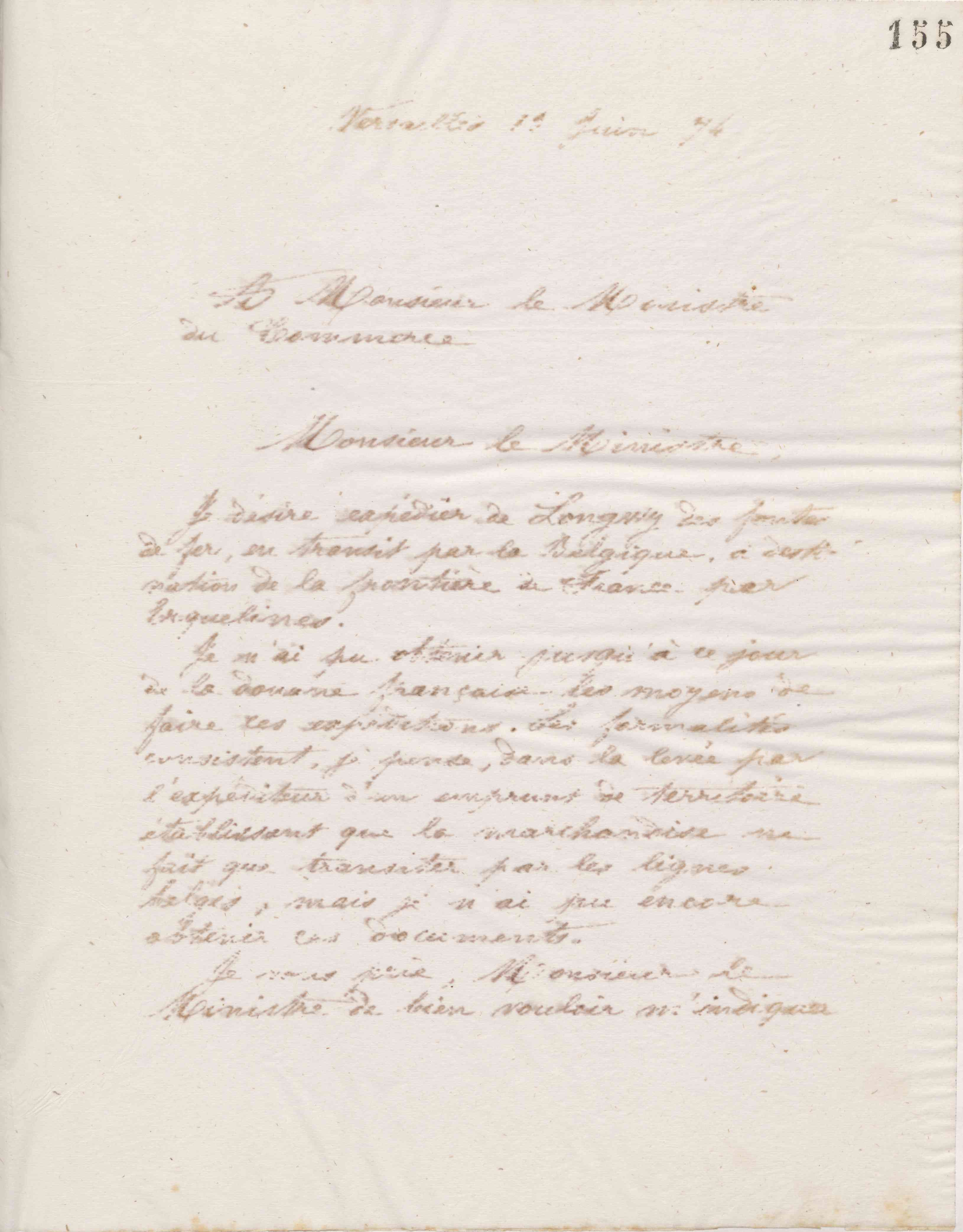 Jean-Baptiste André Godin à monsieur le ministre du Commerce, 13 juin 1874