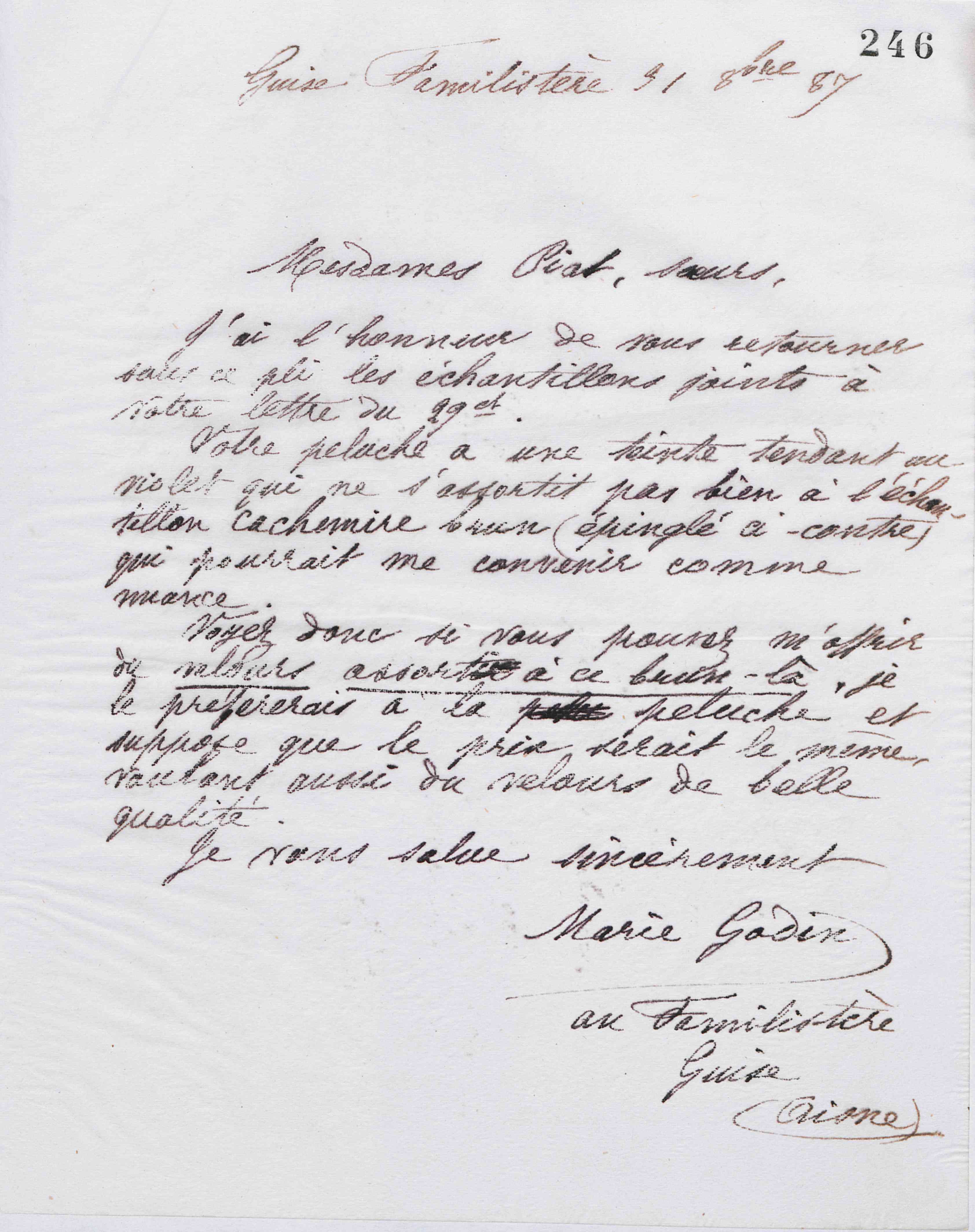 Marie Moret à Piat sœurs, 31 octobre 1887