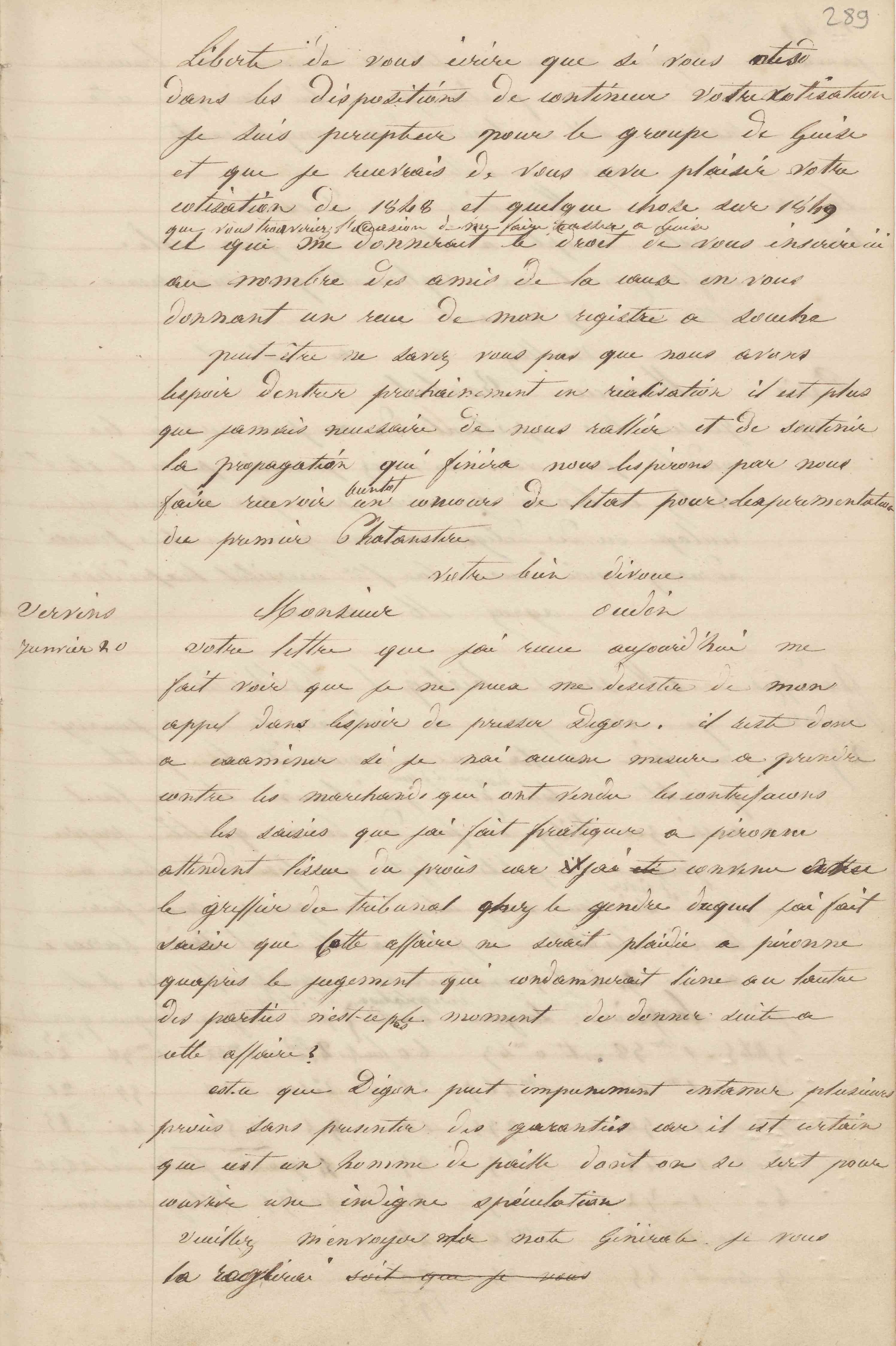 Jean-Baptiste André Godin à Lécoyer, 20 janvier 1849