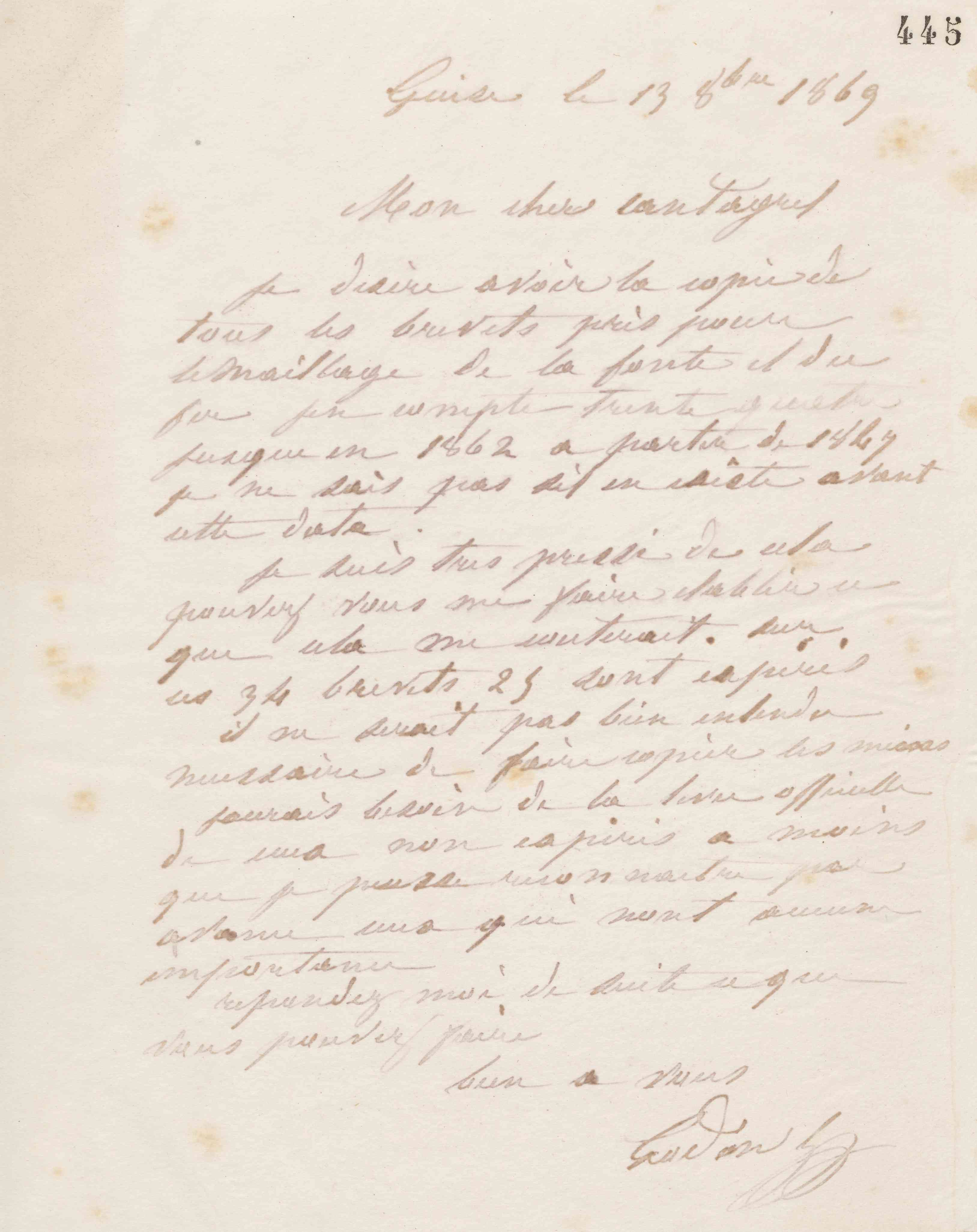 Jean-Baptiste André Godin à François Cantagrel, 13 octobre 1869