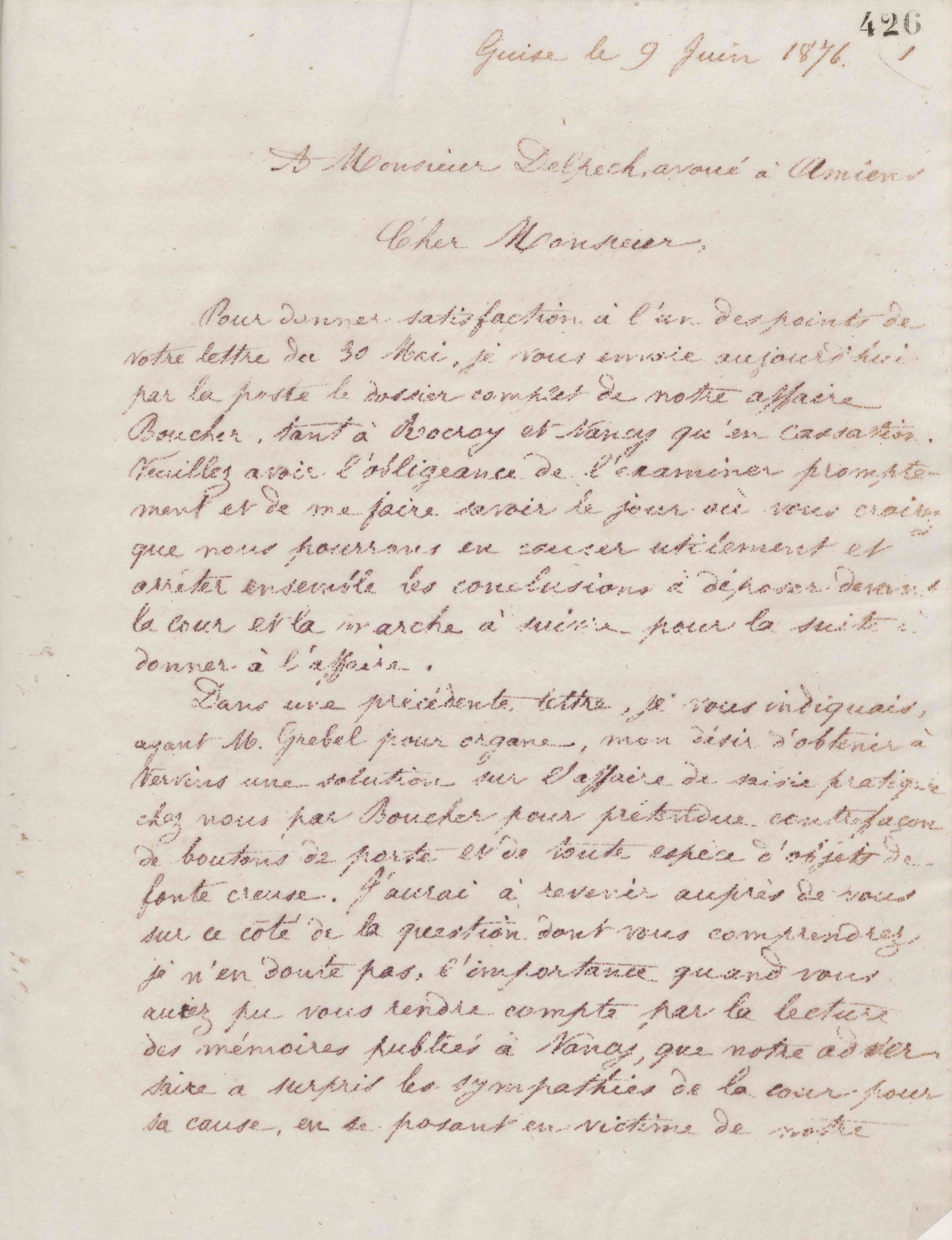 Jean-Baptiste André Godin à Alphonse Delpech, 9 juin 1876