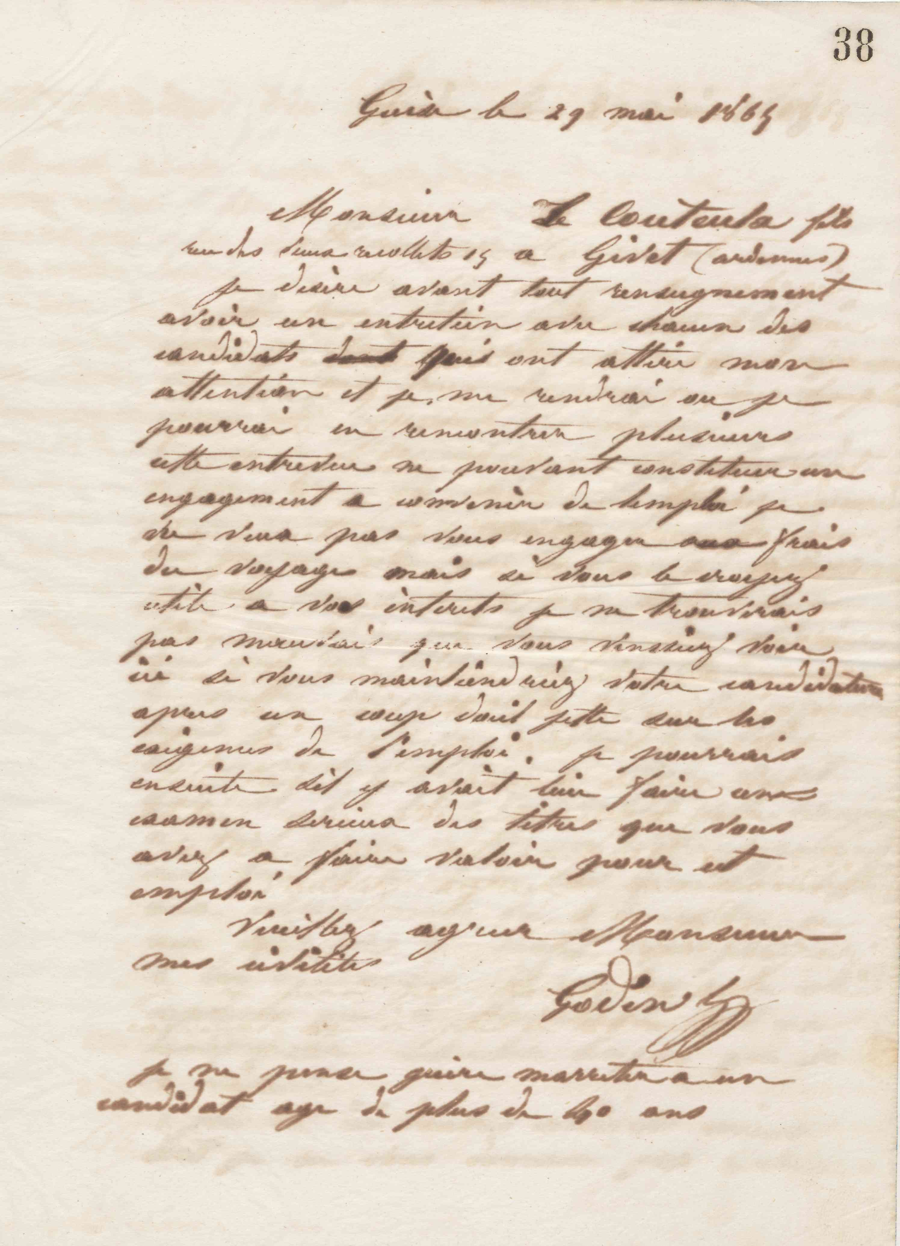 Jean-Baptiste André Godin à monsieur Le Couteulx, 29 mai 1865