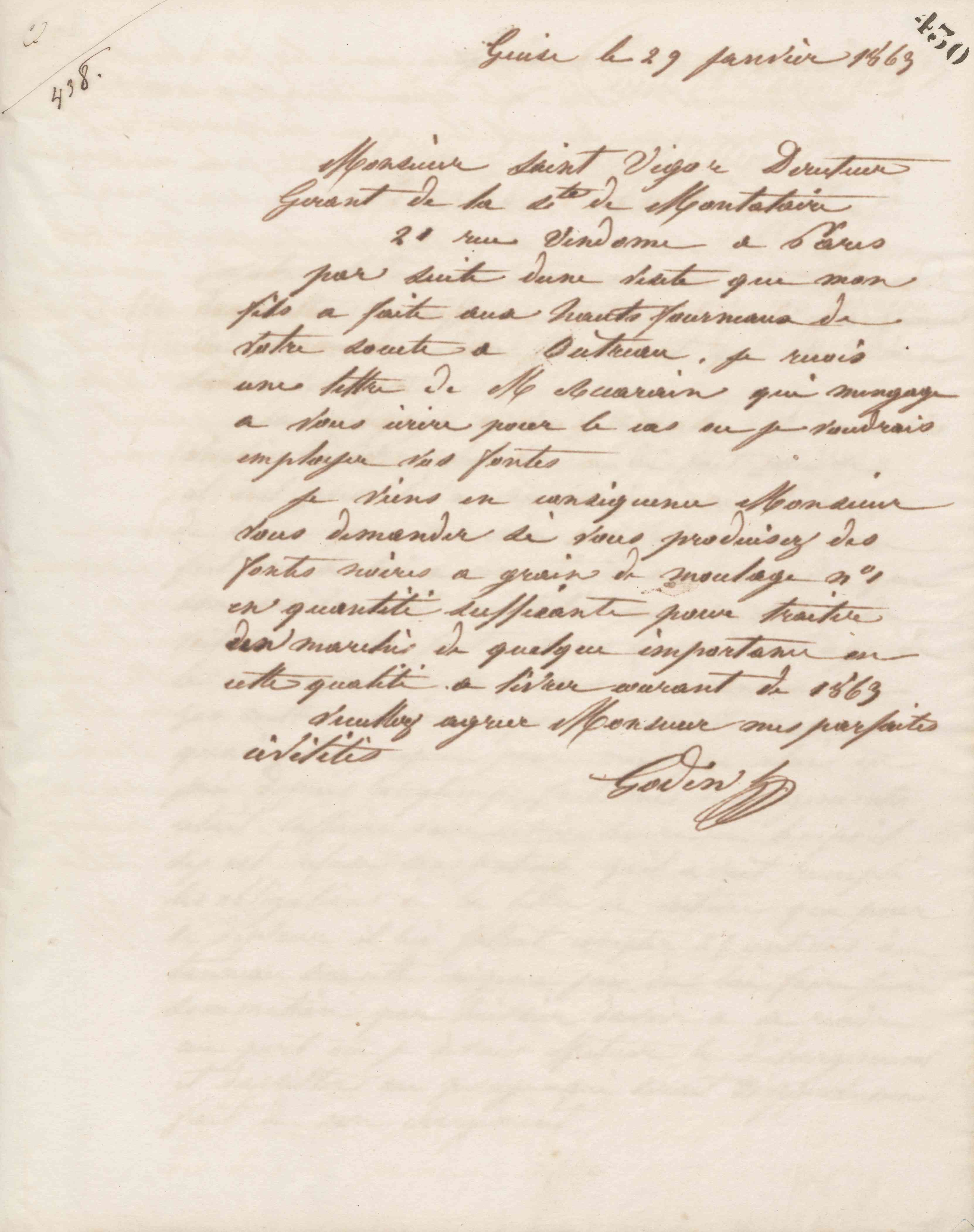 Jean-Baptiste André Godin à Augustin Fortuné Gauguin de Saint-Vigor, directeur-gérant des Forges et fonderies de Montataire, 29 janvier 1863