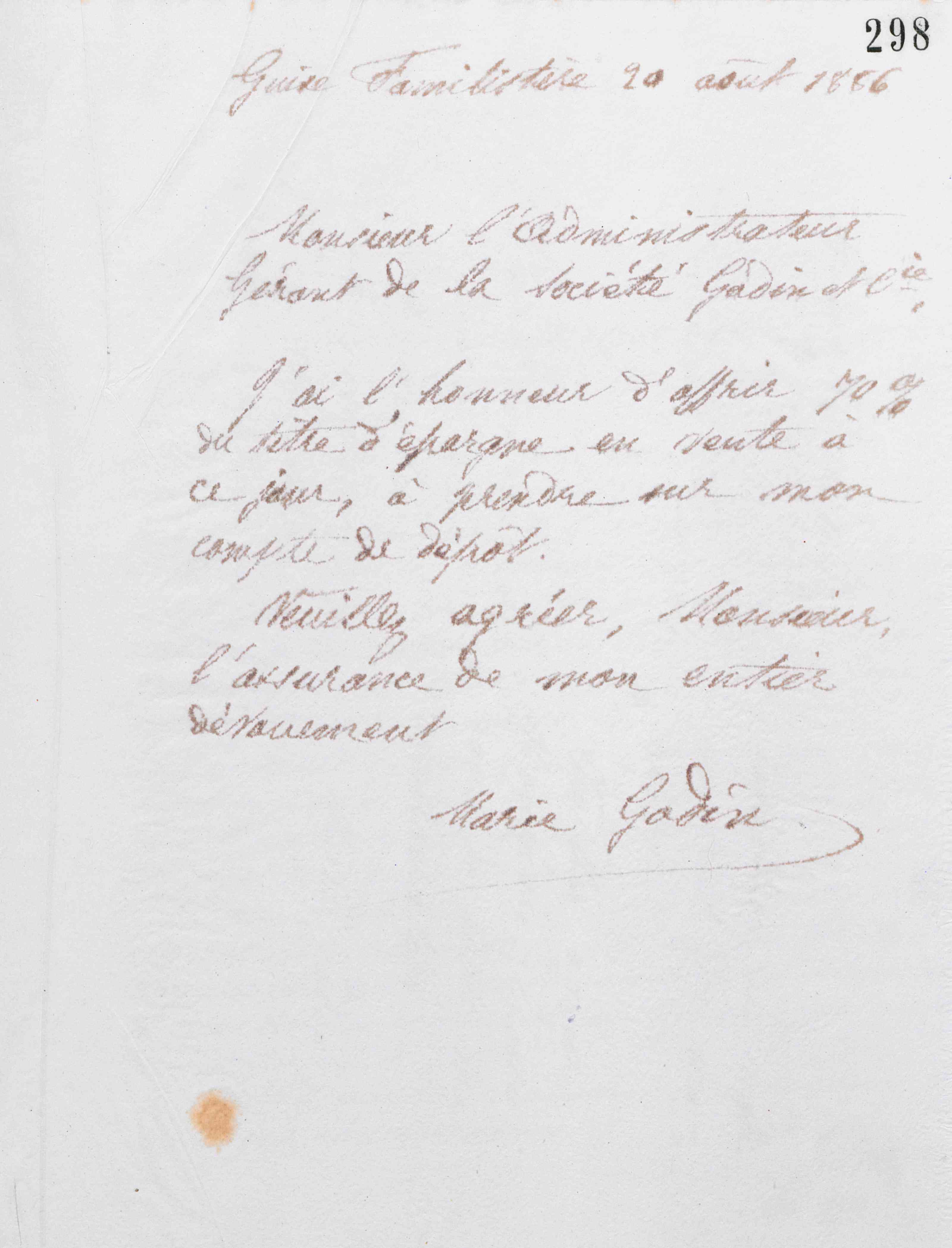 Marie Moret à la société Godin et Cie, 20 août 1886