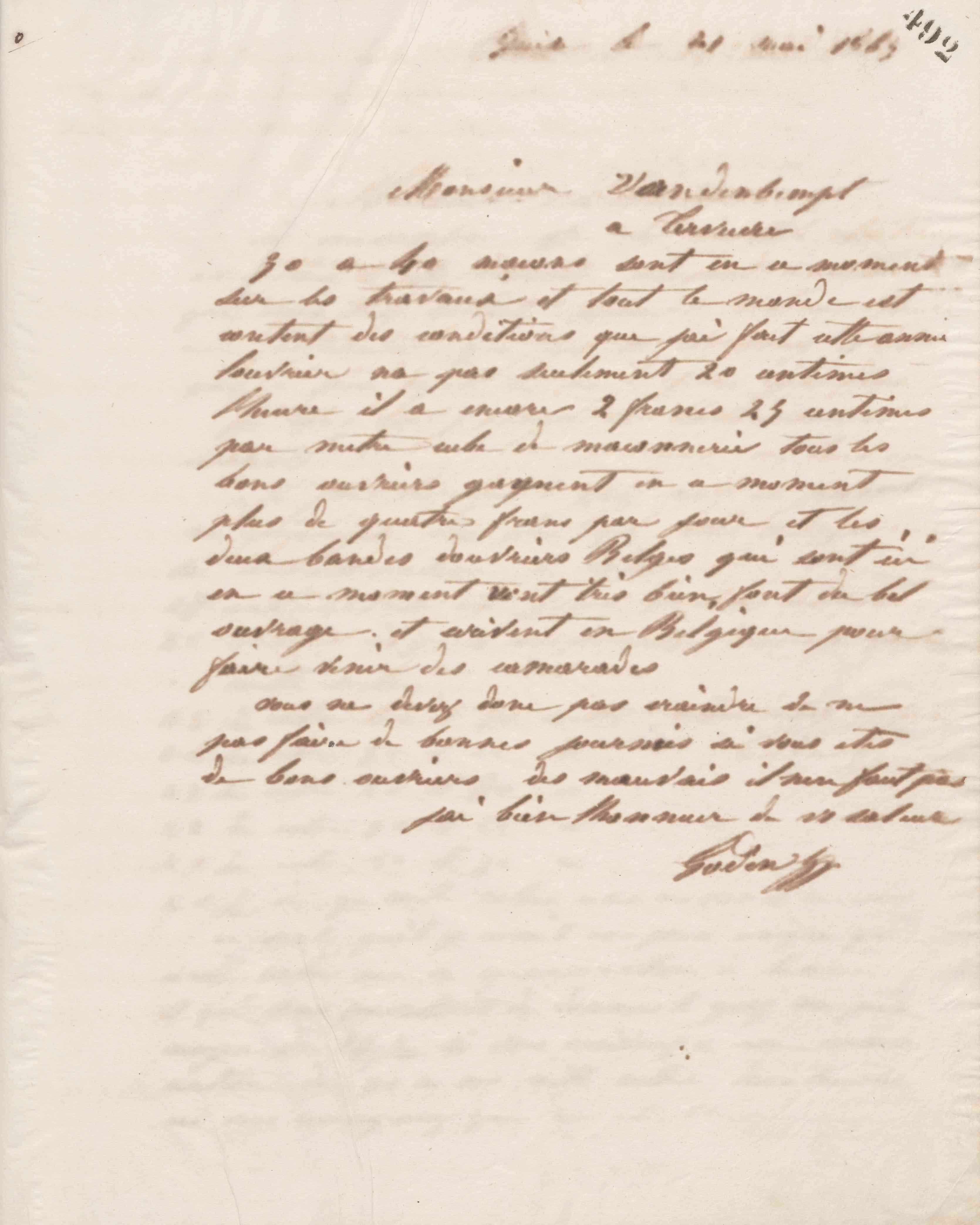 Jean-Baptiste André Godin à monsieur Vandenbempt, 21 mai 1863