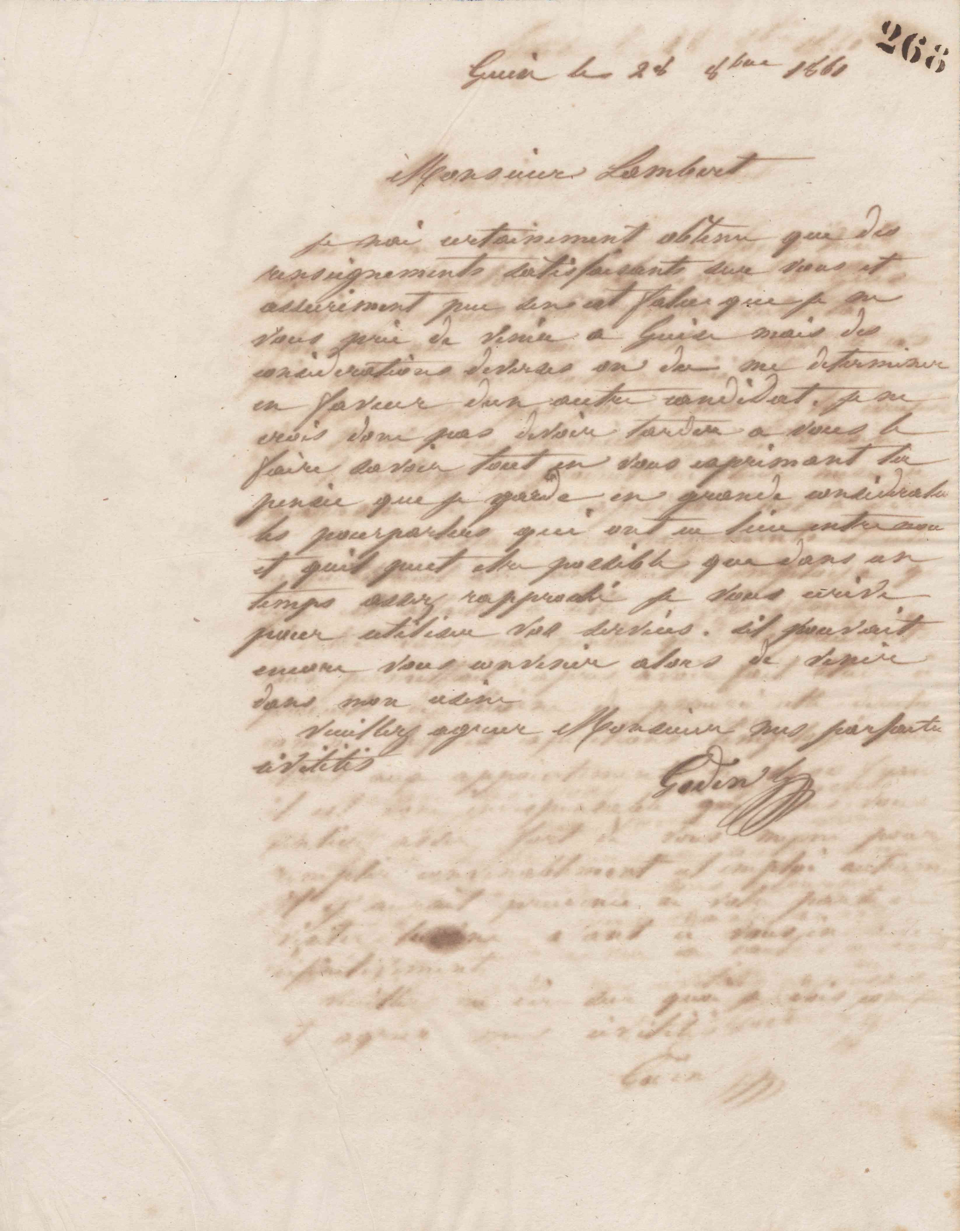 Jean-Baptiste André Godin à monsieur Lambert, 28 octobre 1861