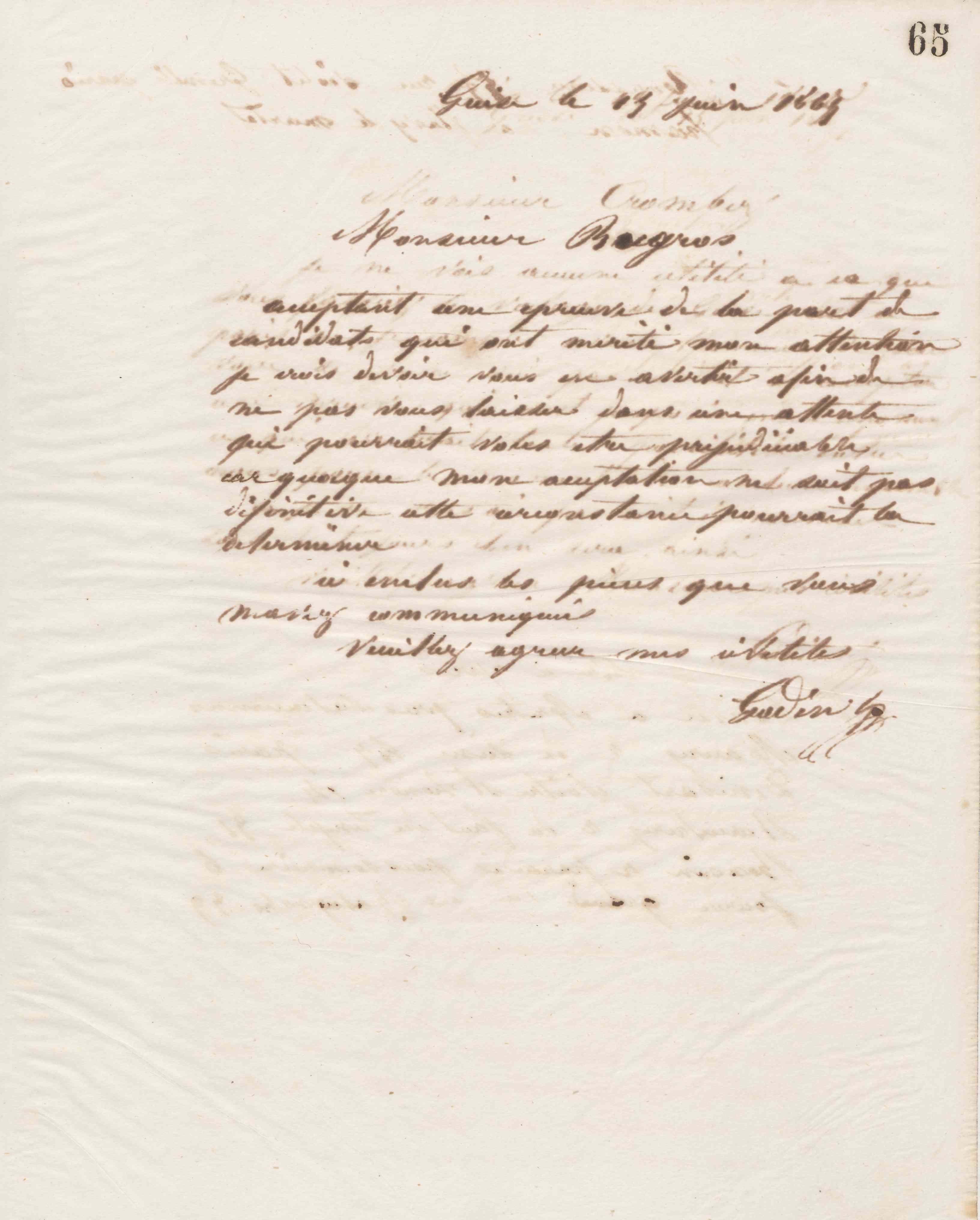 Jean-Baptiste André Godin à monsieur Bugros, 15 juin 1865