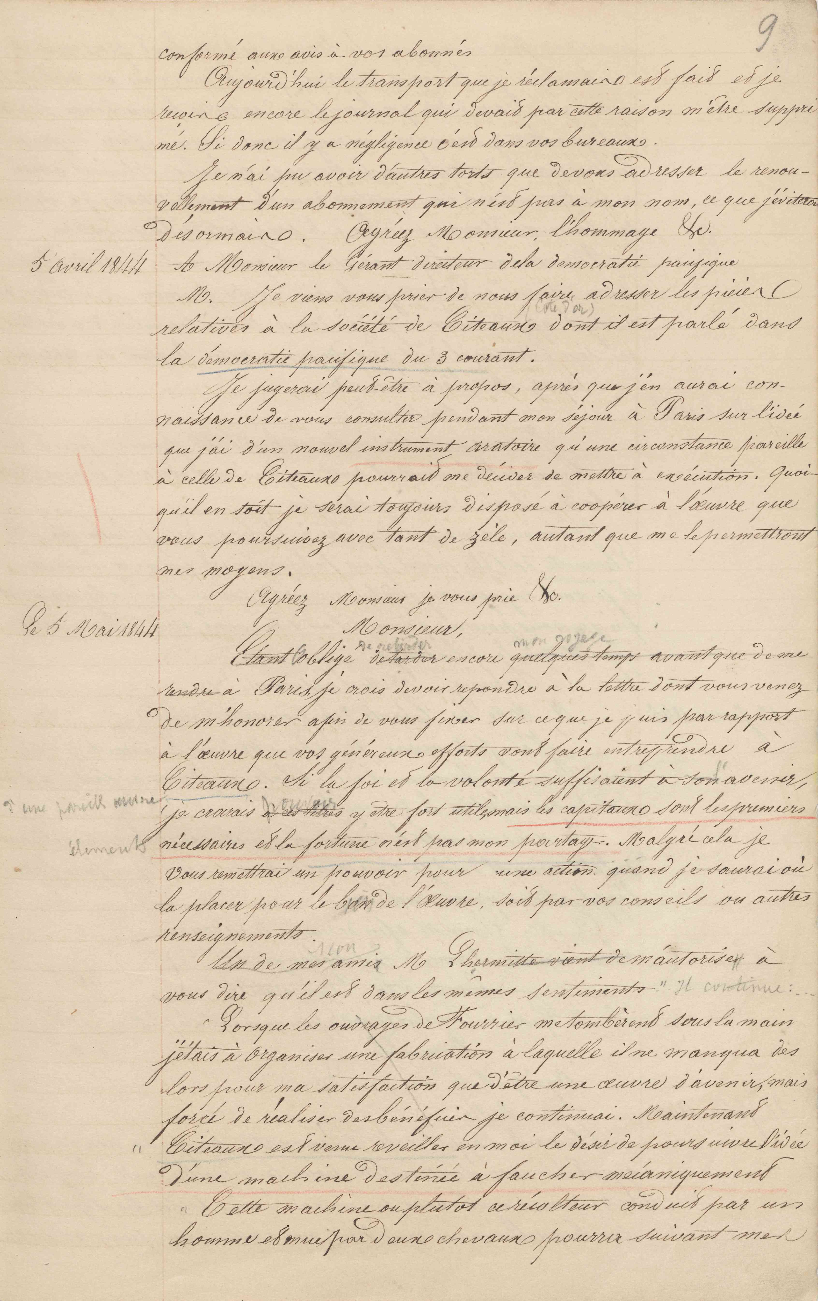 Jean-Baptiste André Godin aux gérants de La Démocratie pacifique et à l'École sociétaire, 5 mai 1844