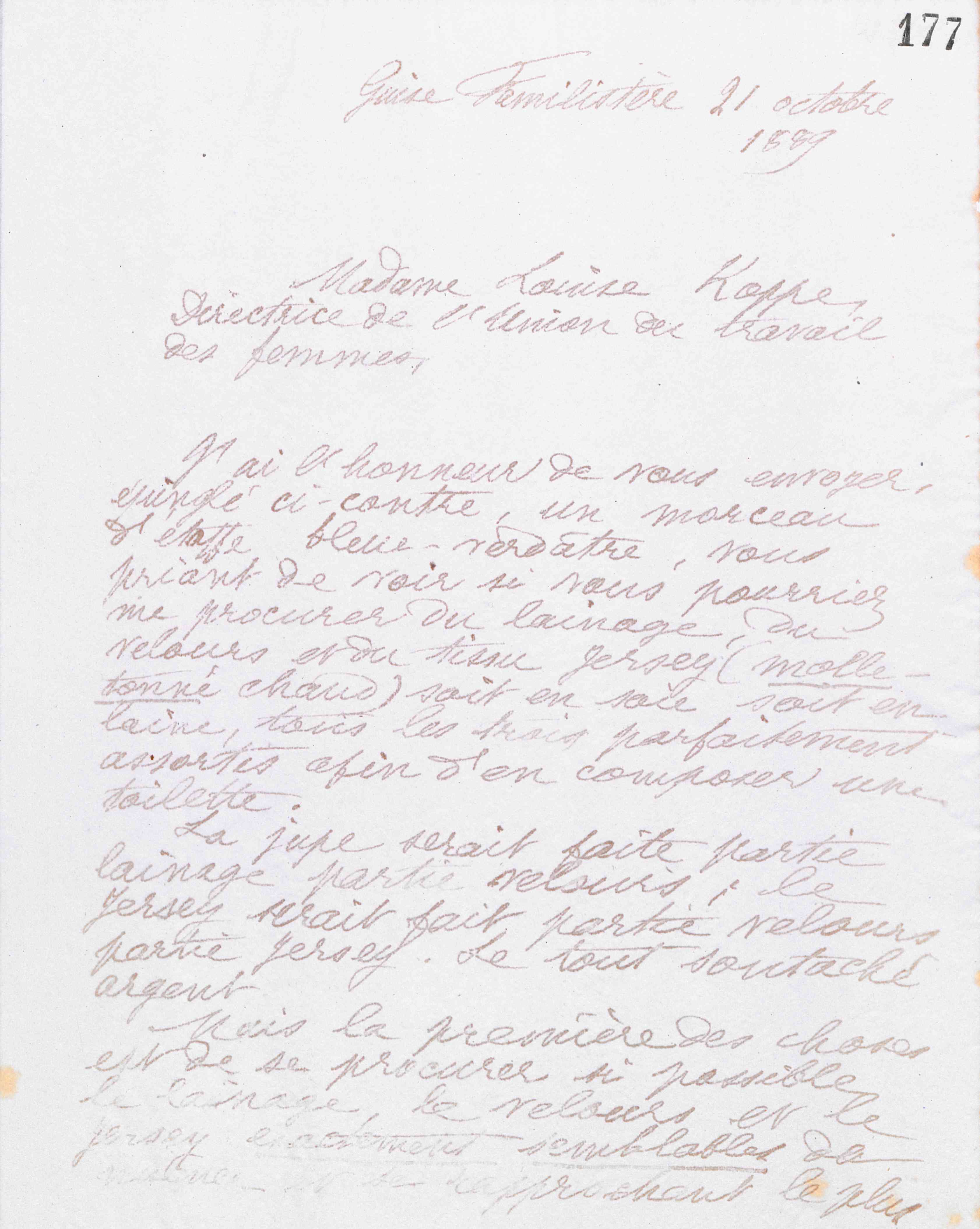 Marie Moret à Louise Koppe, 21 octobre 1889