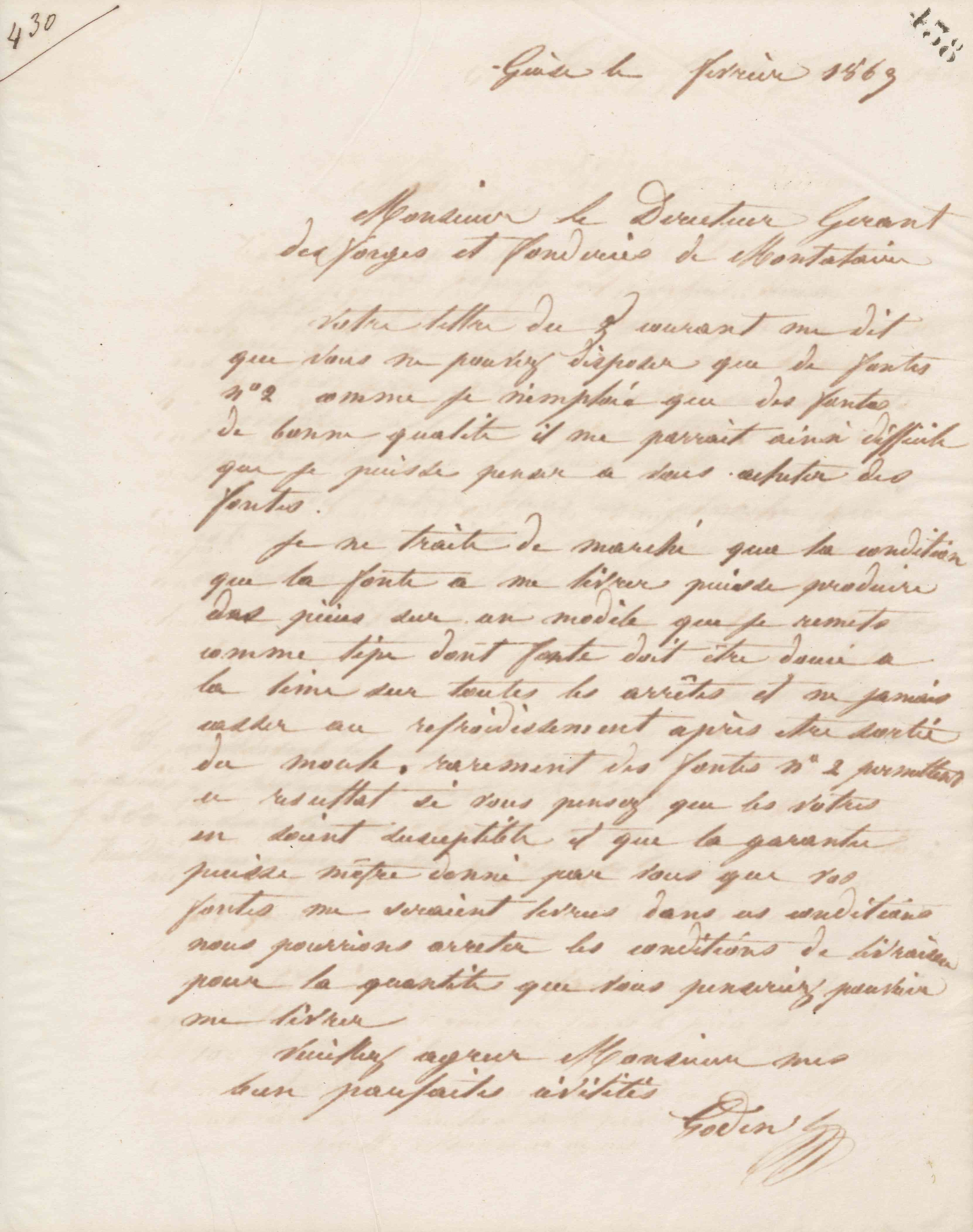 Jean-Baptiste André Godin au directeur-gérant des Forges et fonderies de Montataire, février 1863