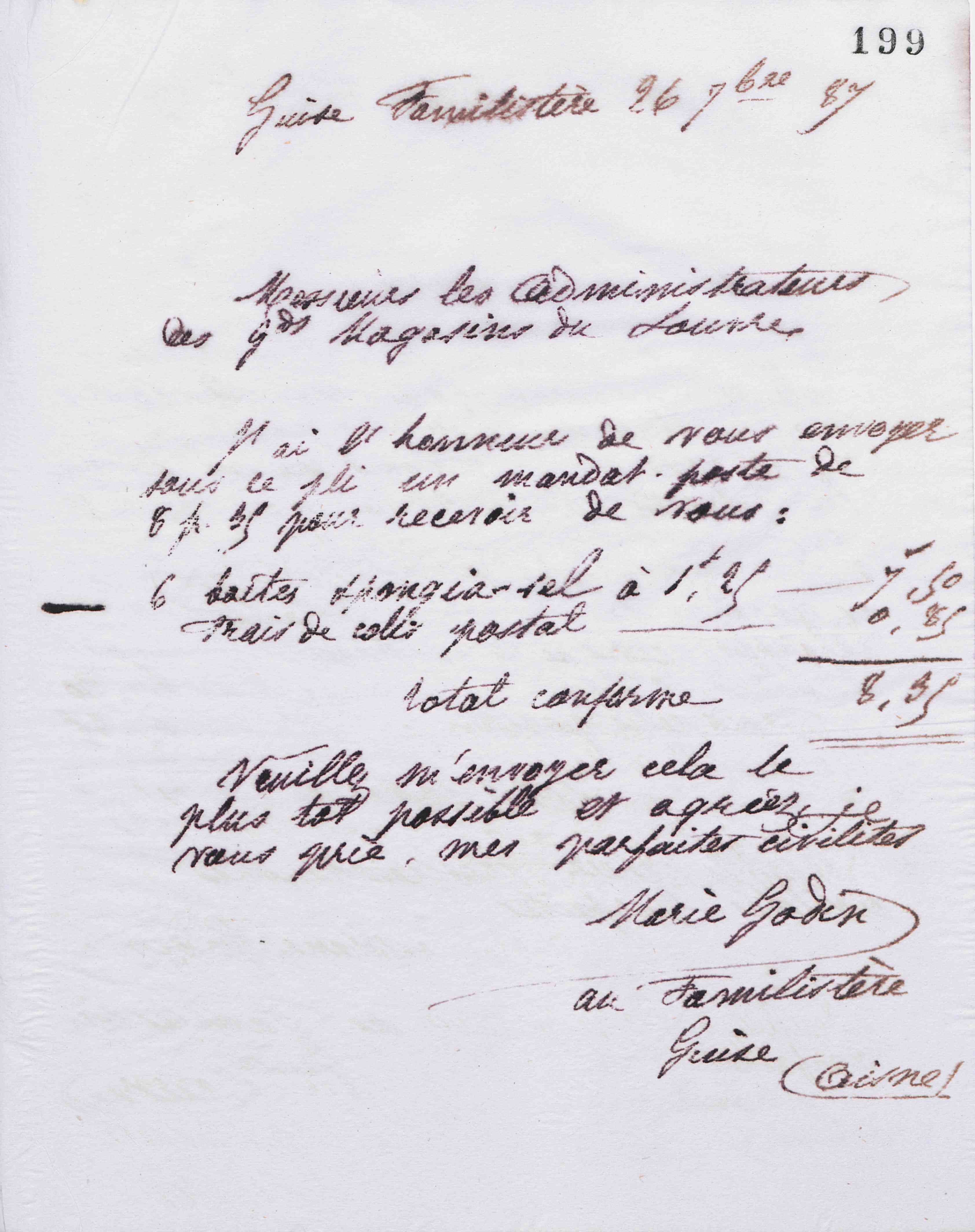 Marie Moret à l'administrateur des Grands magasins du Louvre, 26 septembre 1887