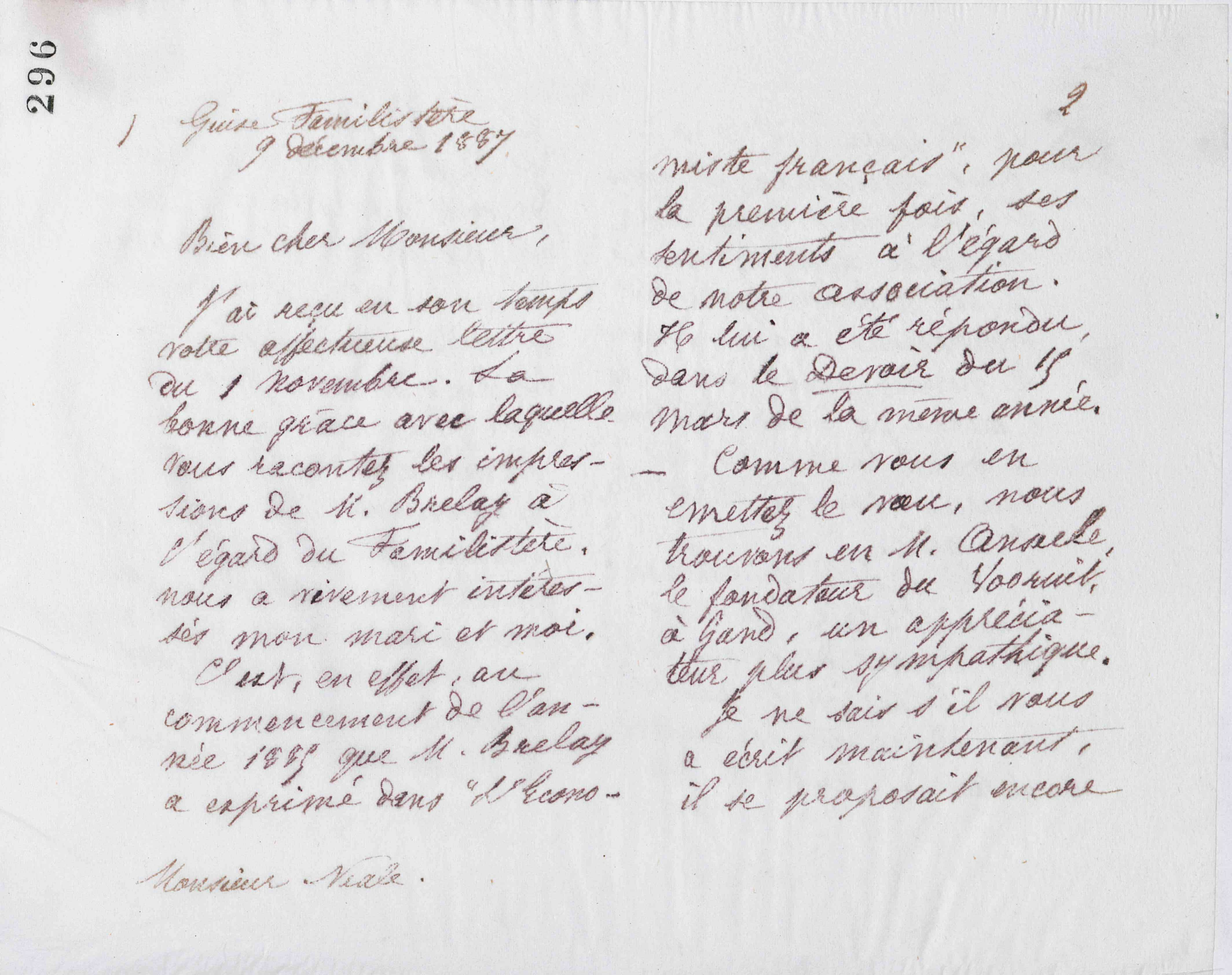 Marie Moret à Edward Vansittart Neale, 9 décembre 1887