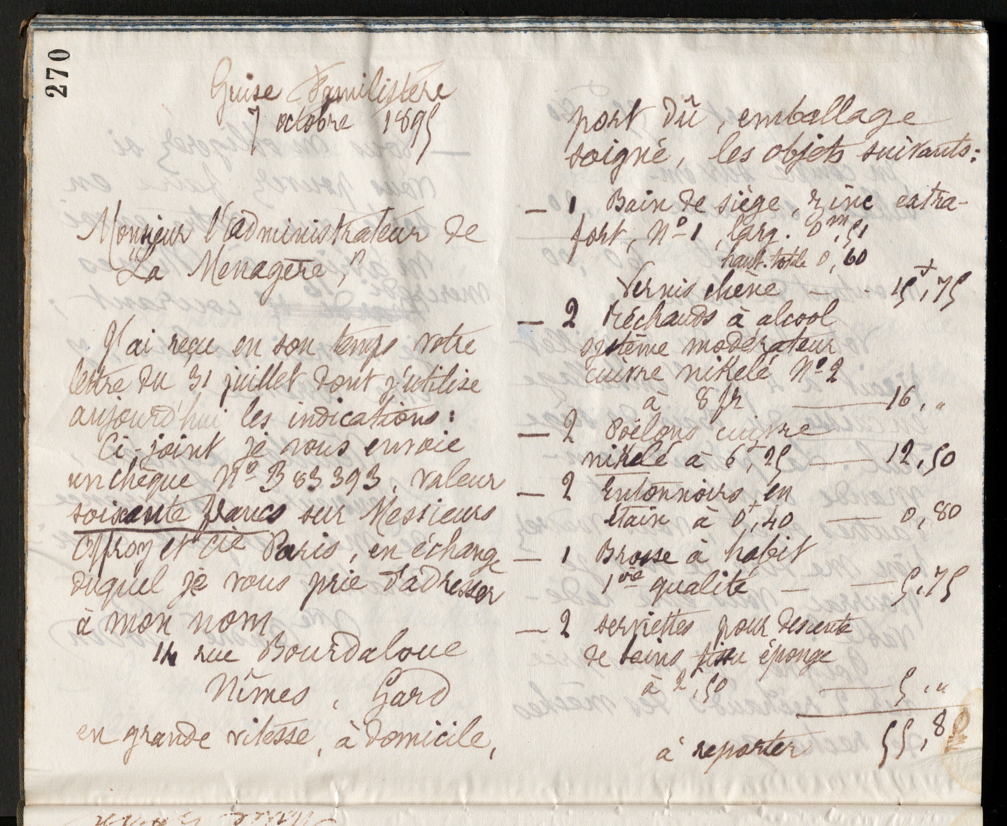 Marie Moret à l'administrateur de La Ménagère, 7 octobre 1895