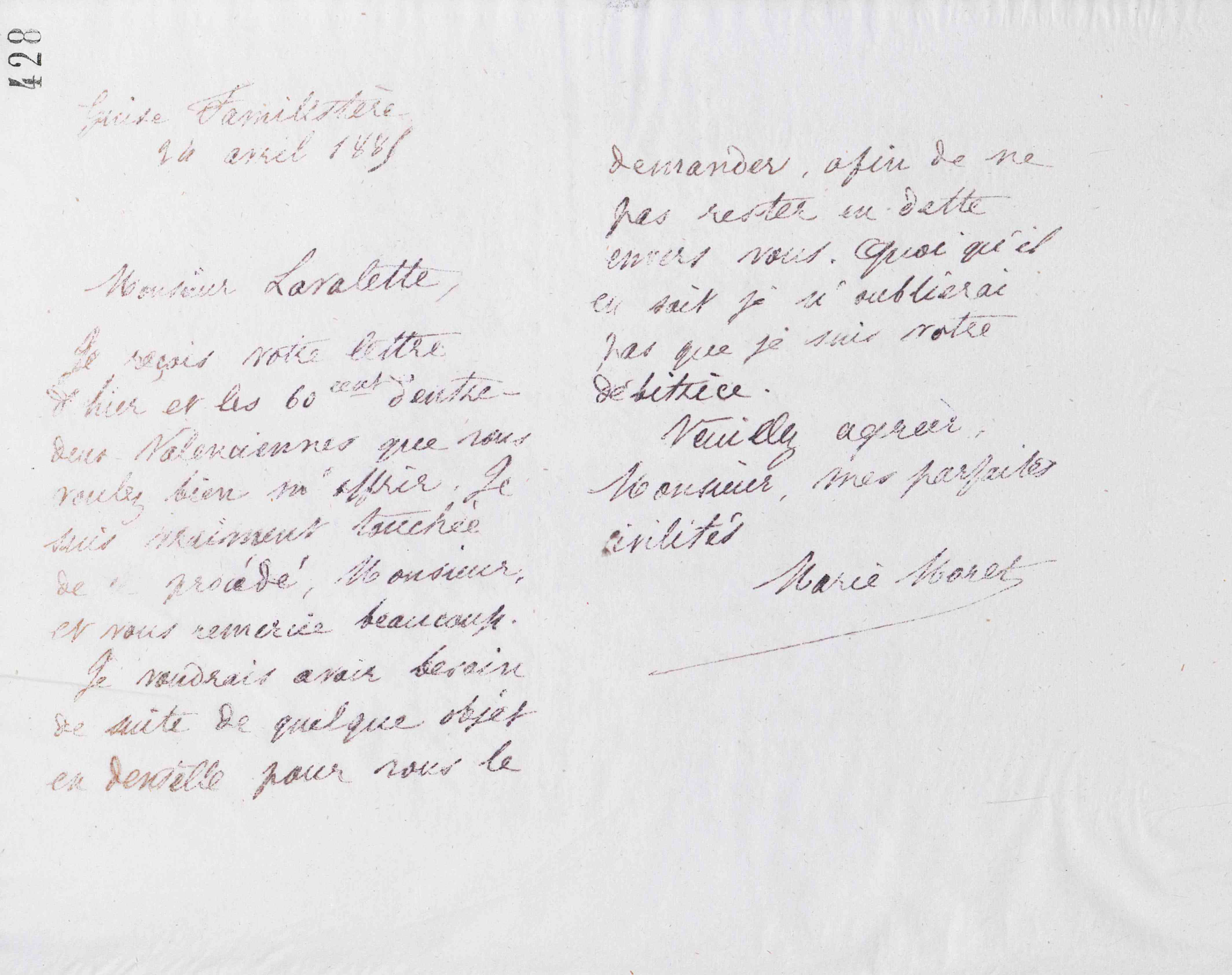 Marie Moret à Jules Lavalette, 24 avril 1885