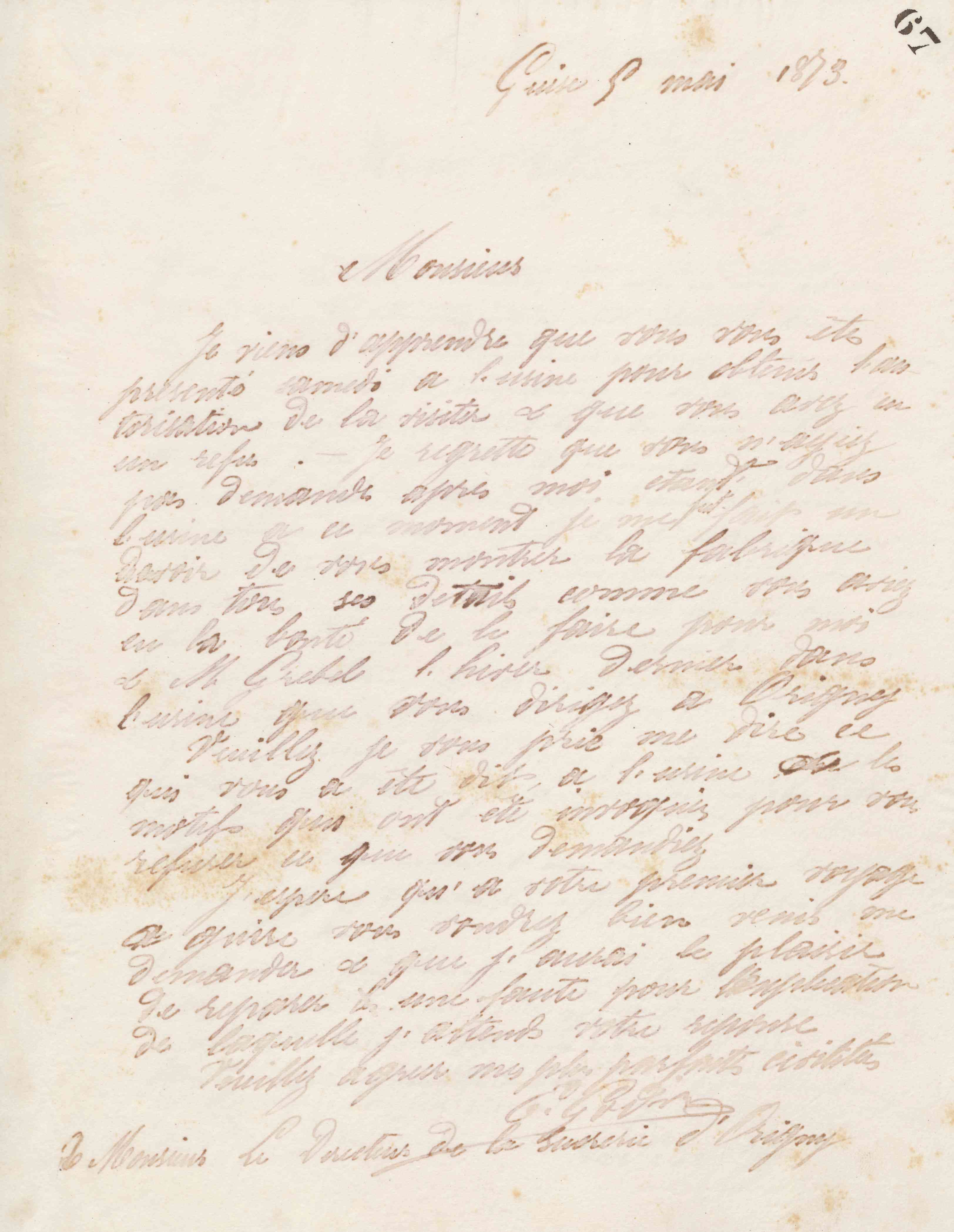 Émile Godin au directeur de la sucrerie d'Origny, 5 mai 1873 Émile Godin au directeur de la sucrerie d'Origny, 5 mai 1873