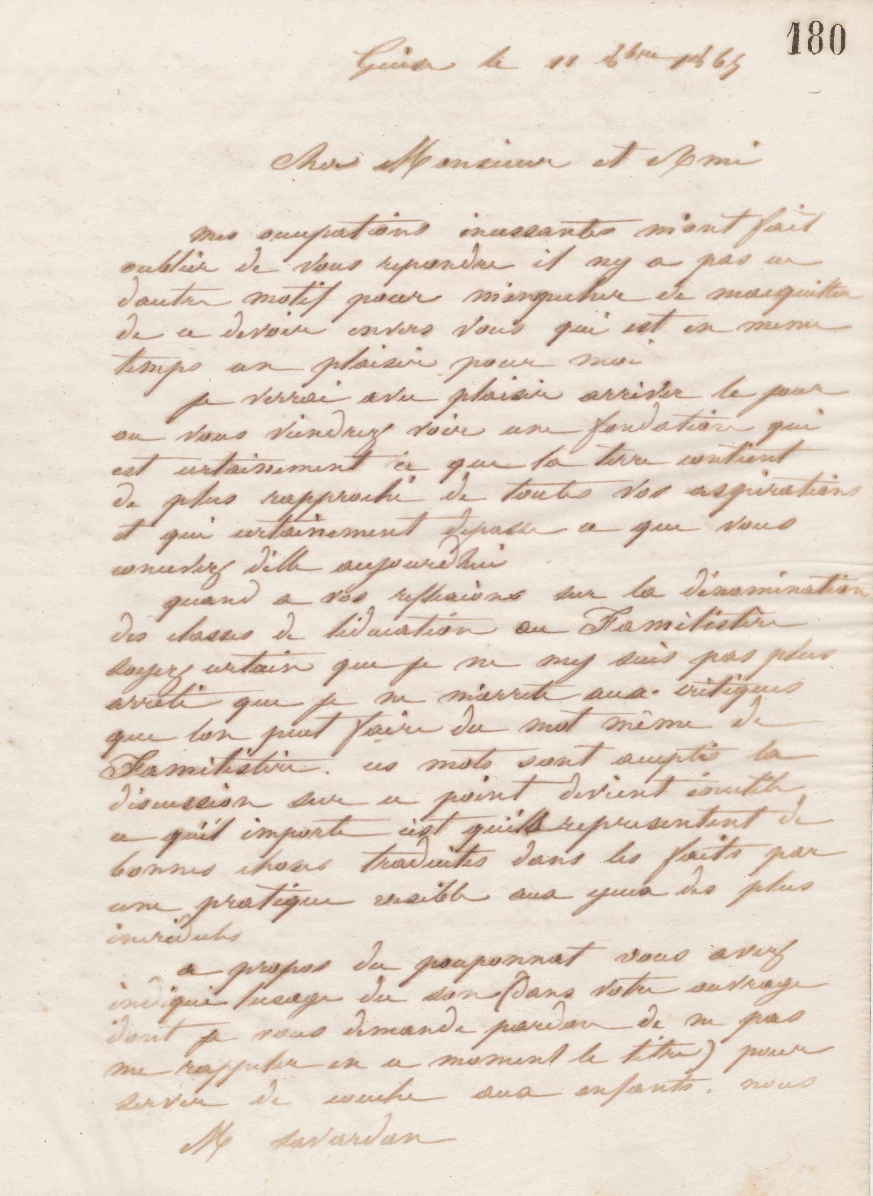 Jean-Baptiste André Godin à Auguste Savardan, 11 octobre 1865