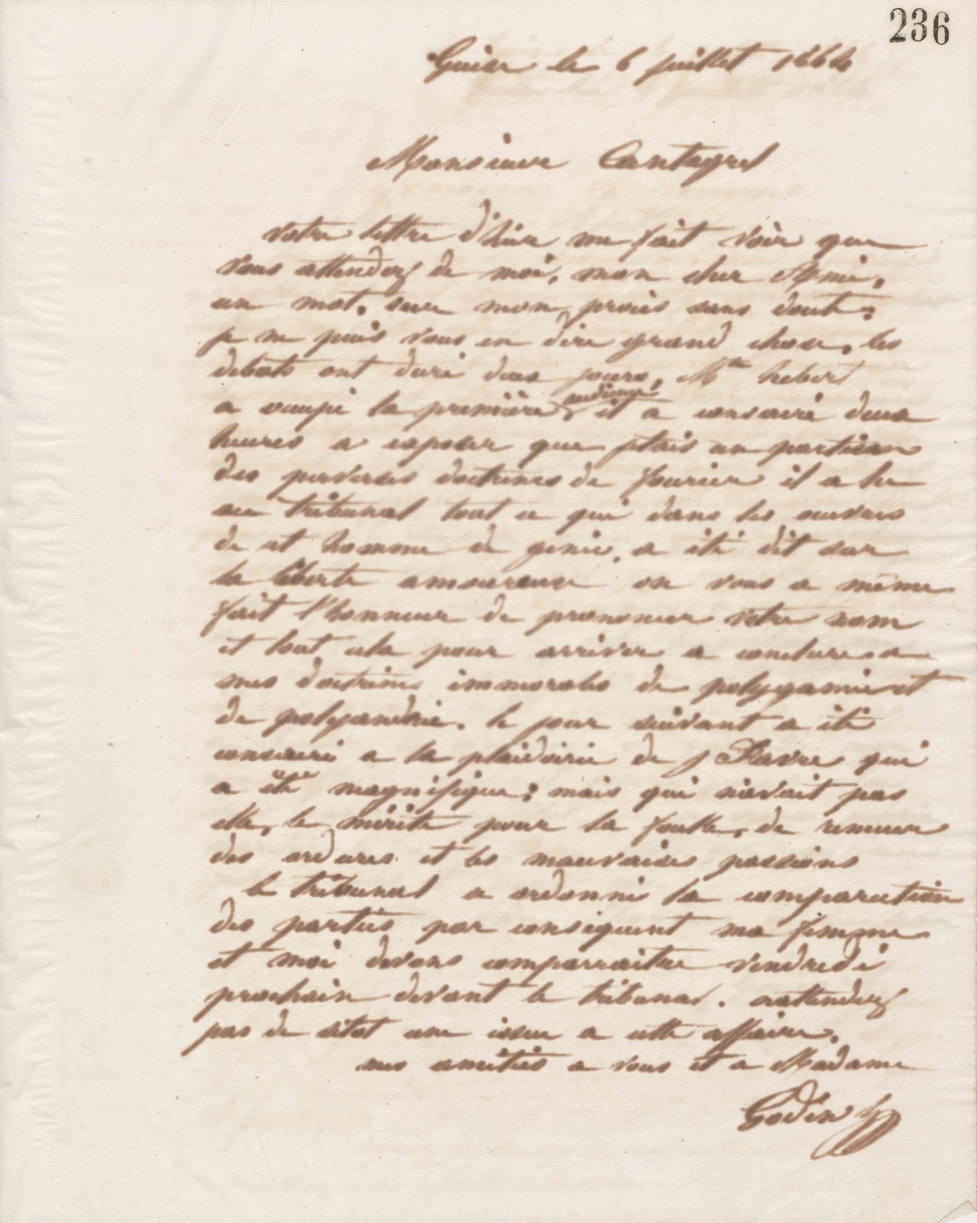 Jean-Baptiste André Godin à François Cantagrel, 6 juillet 1864 Jean-Baptiste André Godin à François Cantagrel, 6 juillet 1864