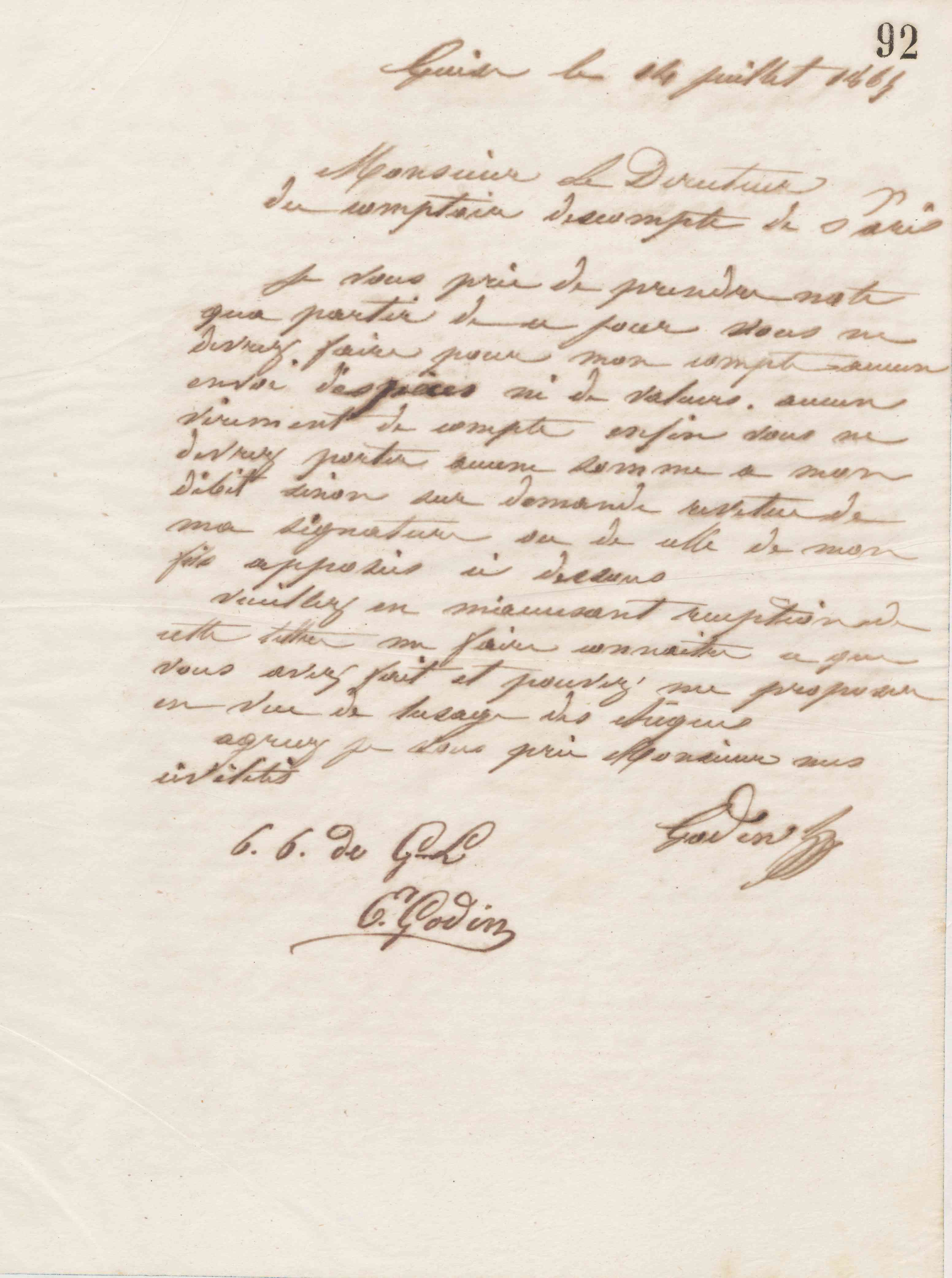 Jean-Baptiste André Godin au directeur du Comptoir d'escompte de Paris, 14 juillet 1865