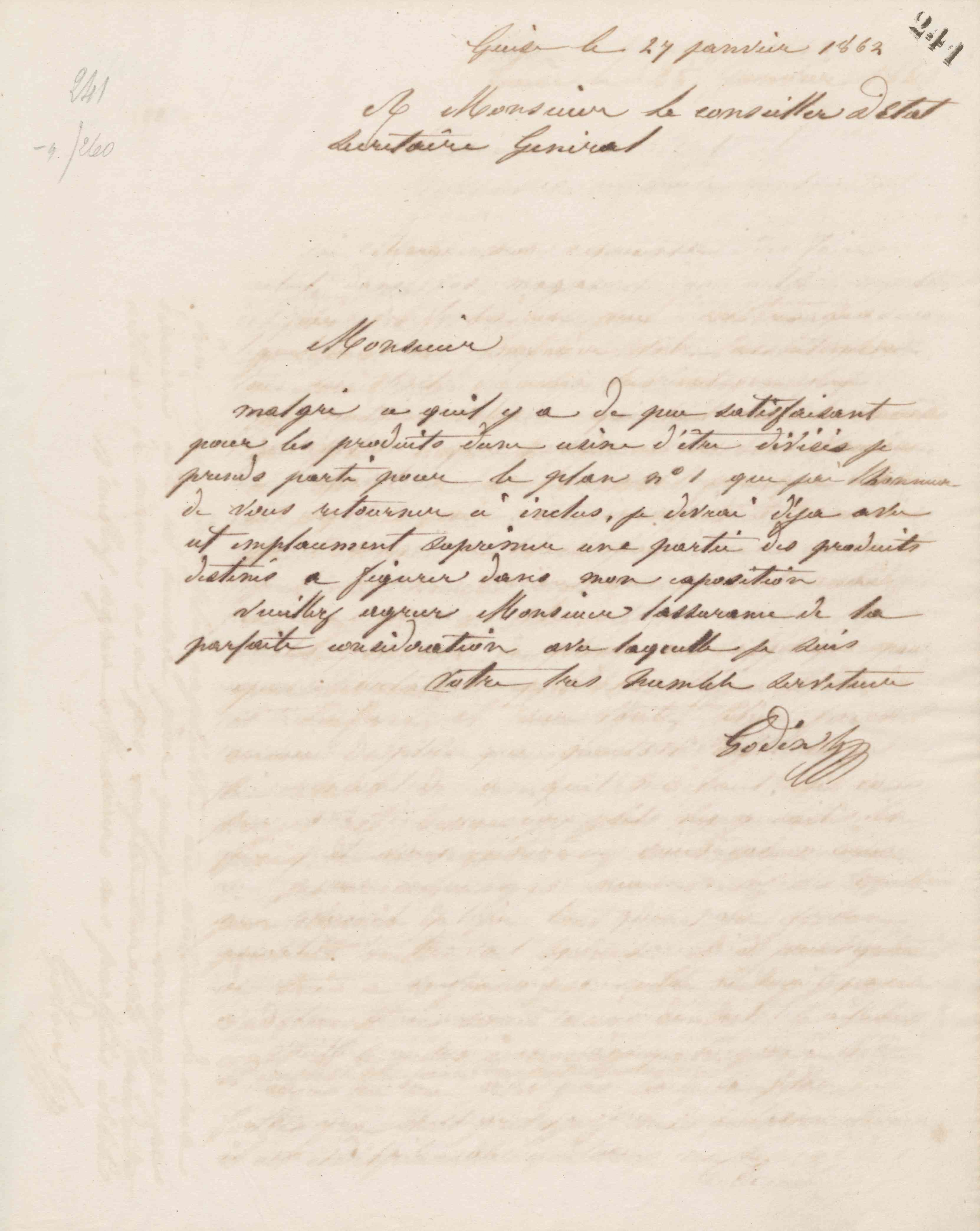 Jean-Baptiste André Godin à monsieur le conseiller d'État et secrétaire général, 27 janvier 1862 Jean-Baptiste André Godin à monsieur le conseiller d'État et secrétaire général, 27 janvier 1862